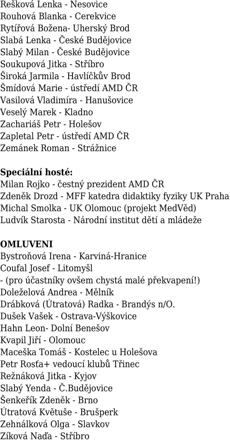 Rojko - čestný prezident AMD ČR Zdeněk Drozd - MFF katedra didaktiky fyziky UK Praha Michal Smolka - UK Olomouc (projekt MedVěd) Ludvík Starosta - Národní institut dětí a mládeže OMLUVENI Bystroňová