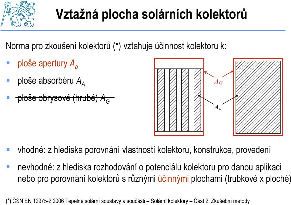 nevhodné: z hlediska rozhodování o potenciálu kolektoru pro danou aplikaci nebo pro porovnání kolektorů s různými účinnými