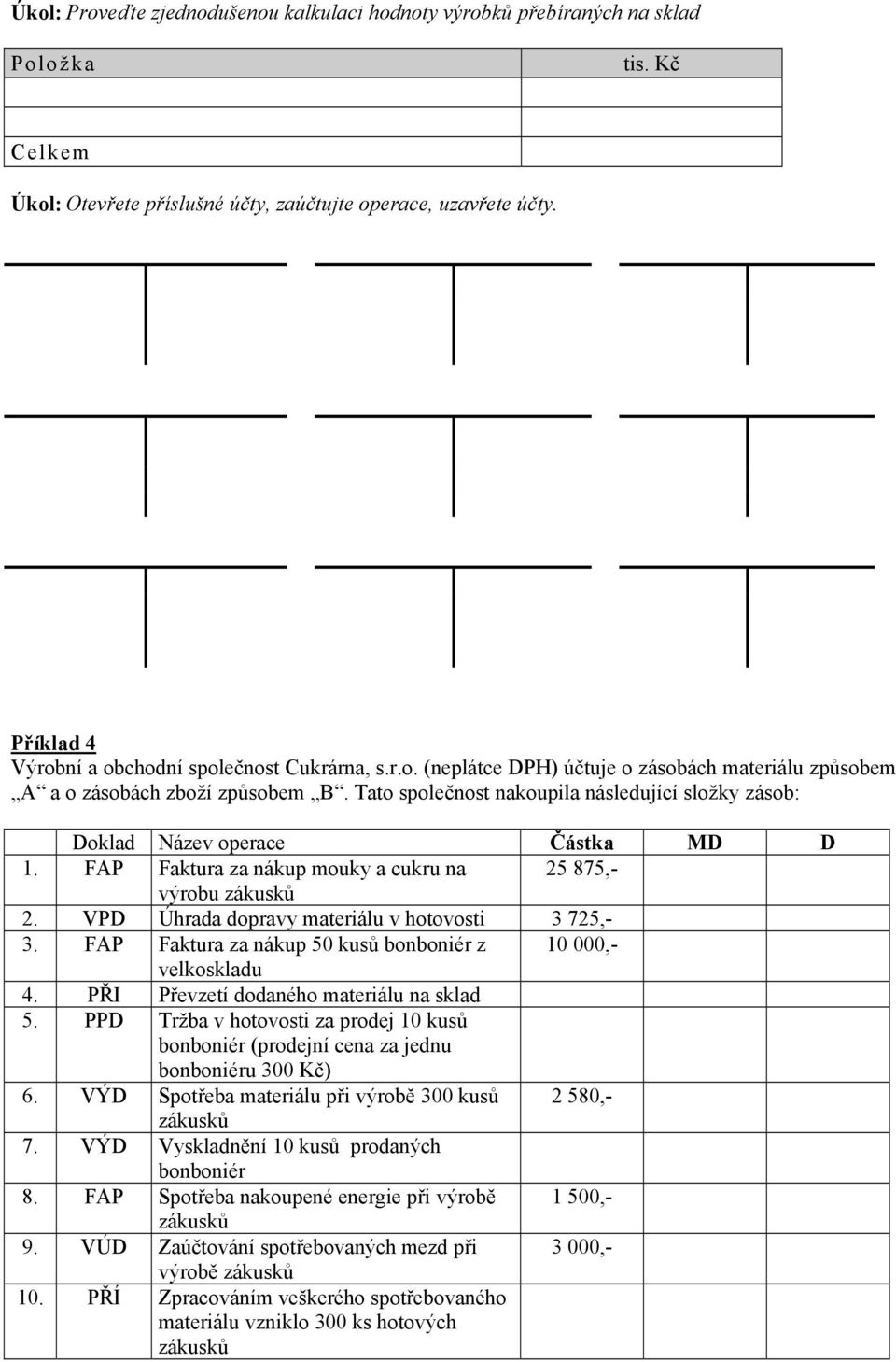 Tato společnost nakoupila následující složky zásob: Doklad Název operace Částka MD D 1. FAP Faktura za nákup mouky a cukru na 25 875,- výrobu zákusků 2.