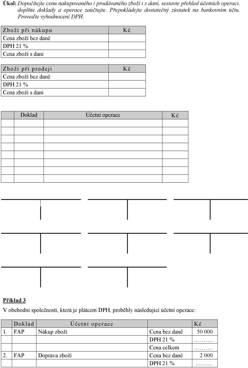 Zboží při nákupu Cena zboží bez daně DPH 21 % Cena zboží s daní Zboží při prodeji Cena zboží bez daně DPH 21 % Cena zboží s daní Kč Kč Doklad Účetní