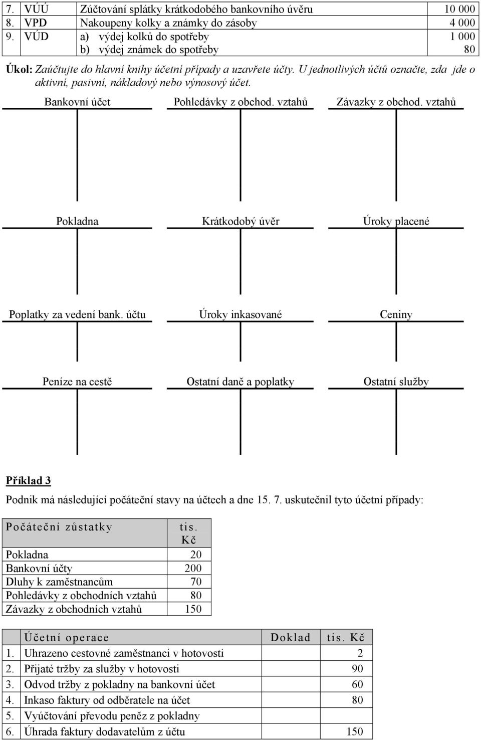 U jednotlivých účtů označte, zda jde o aktivní, pasivní, nákladový nebo výnosový účet. Bankovní účet Pohledávky z obchod. vztahů Závazky z obchod.