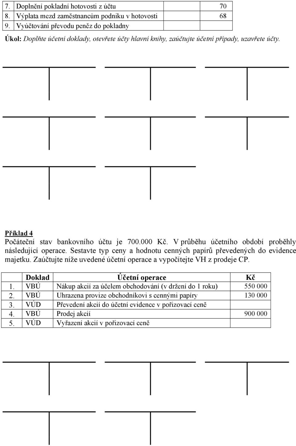 V průběhu účetního období proběhly následující operace. Sestavte typ ceny a hodnotu cenných papírů převedených do evidence majetku.