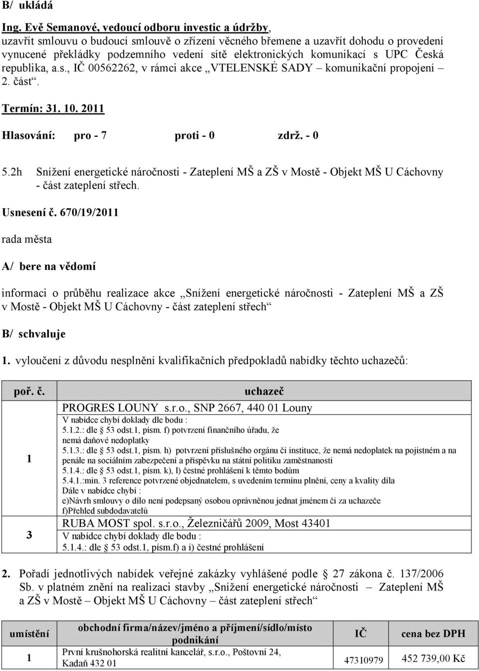 komunikací s UPC Česká republika, a.s., IČ 00562262, v rámci akce VTELENSKÉ SADY komunikační propojení 2. část. Termín: 31. 10. 2011 5.