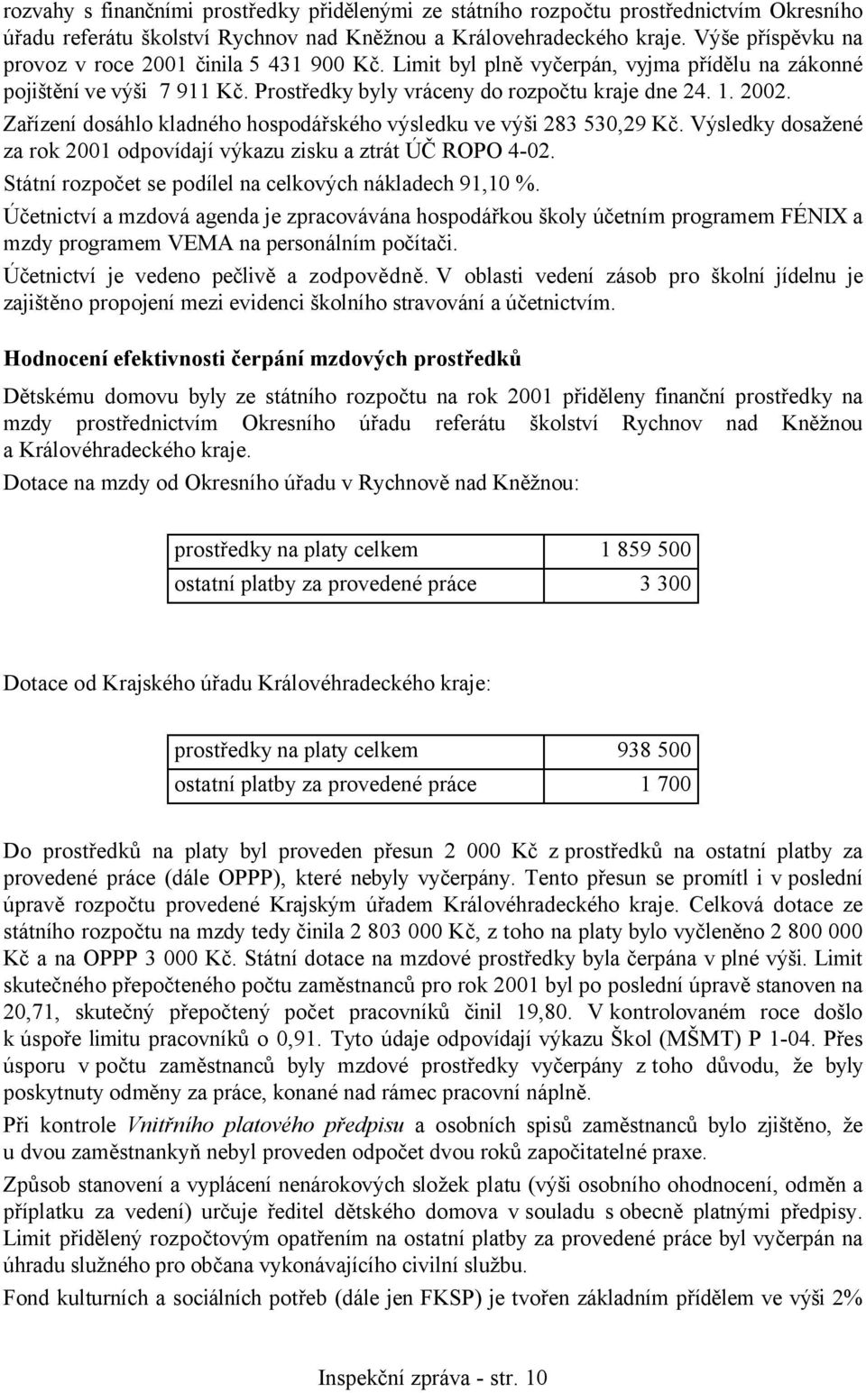 Zařízení dosáhlo kladného hospodářského výsledku ve výši 283 530,29 Kč. Výsledky dosažené za rok 2001 odpovídají výkazu zisku a ztrát ÚČ ROPO 4-02.