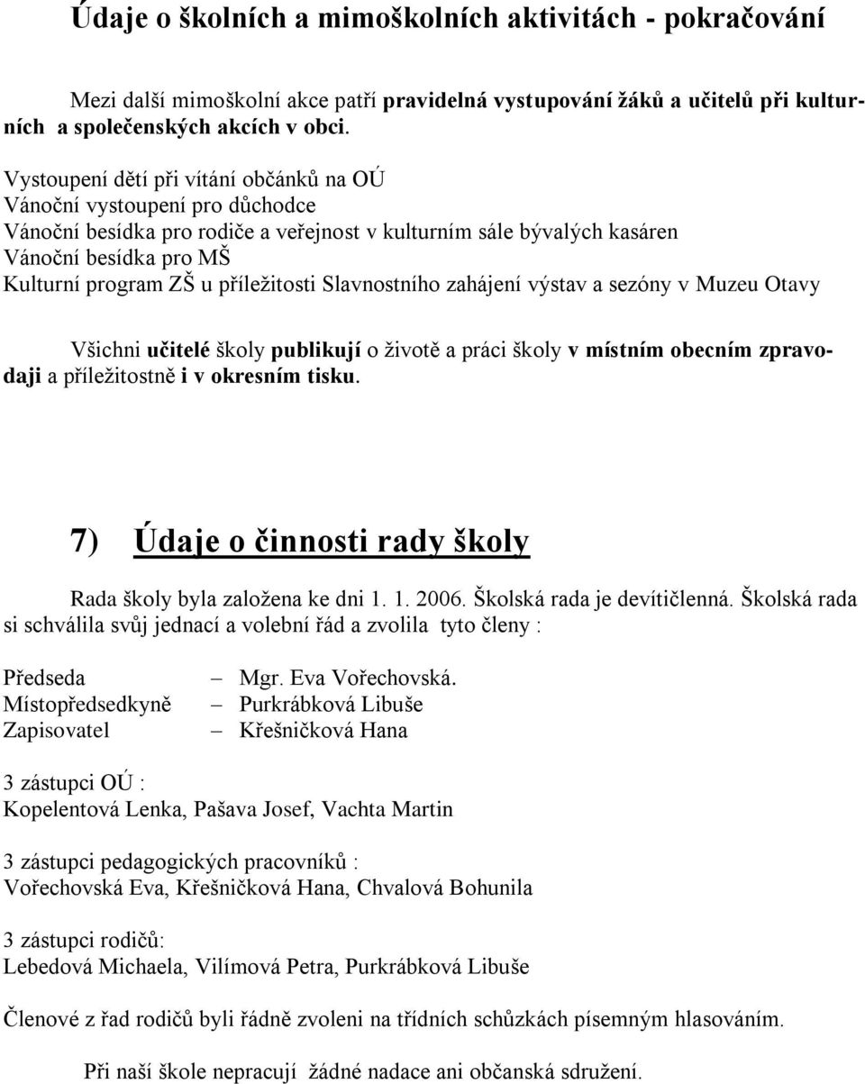 příleţitosti Slavnostního zahájení výstav a sezóny v Muzeu Otavy Všichni učitelé školy publikují o ţivotě a práci školy v místním obecním zpravodaji a příleţitostně i v okresním tisku.