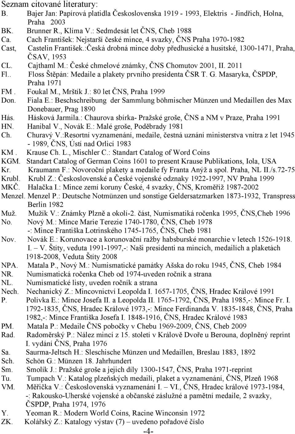 : České chmelové známky, ČNS Chomutov 2001, II. 2011 Fl.. Floss Štěpán: Medaile a plakety prvního presidenta ČSR T. G. Masaryka, ČSPDP, Praha 1971 FM. Foukal M., Mrštík J.: 80 let ČNS, Praha 1999 Don.