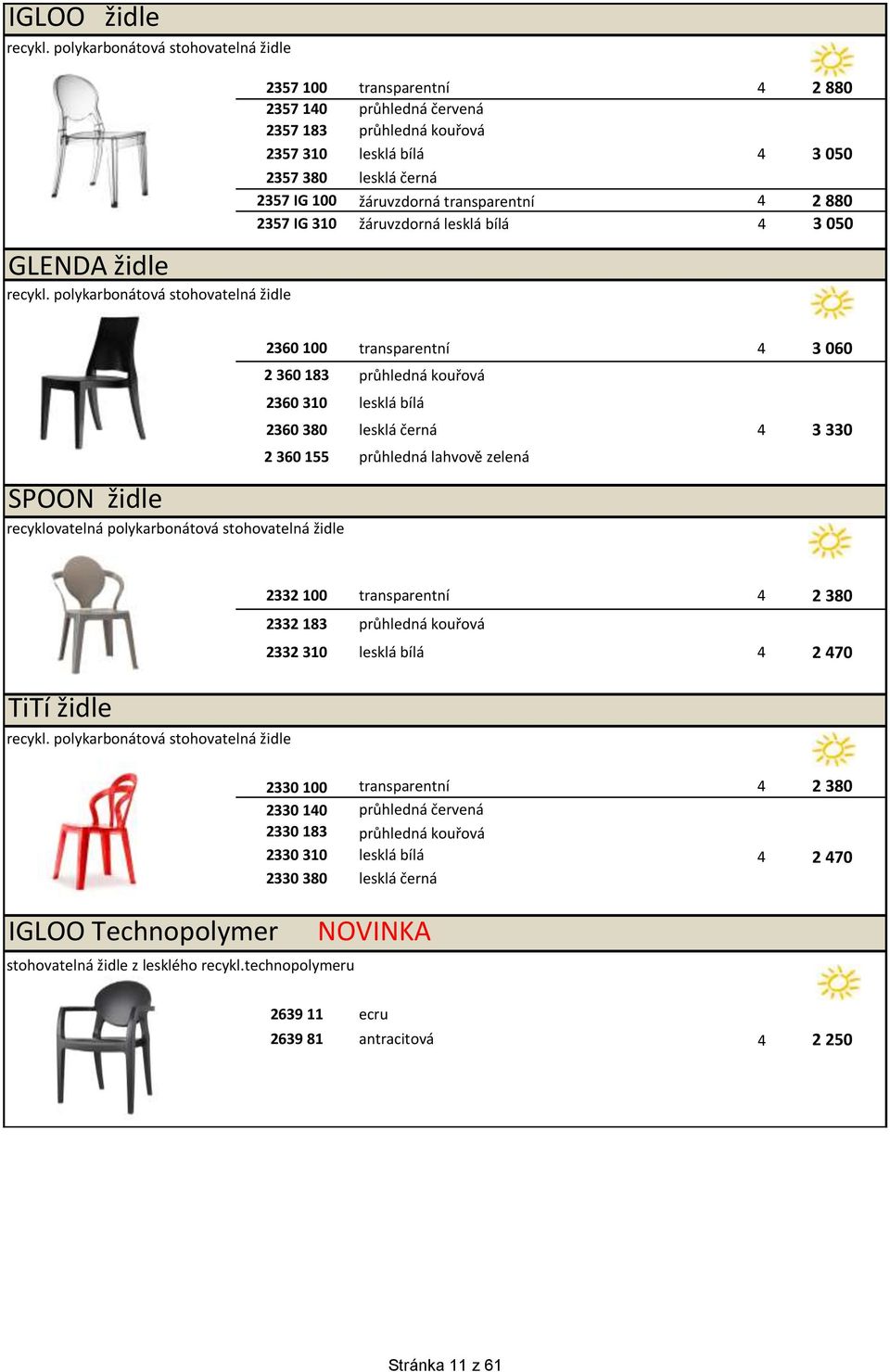 transparentní 4 2 880 2357 IG 310 žáruvzdorná lesklá bílá 4 3 050 2360 100 transparentní 4 3 060 2 360 183 průhledná kouřová 2360 310 lesklá bílá SPOON židle recyklovatelná polykarbonátová