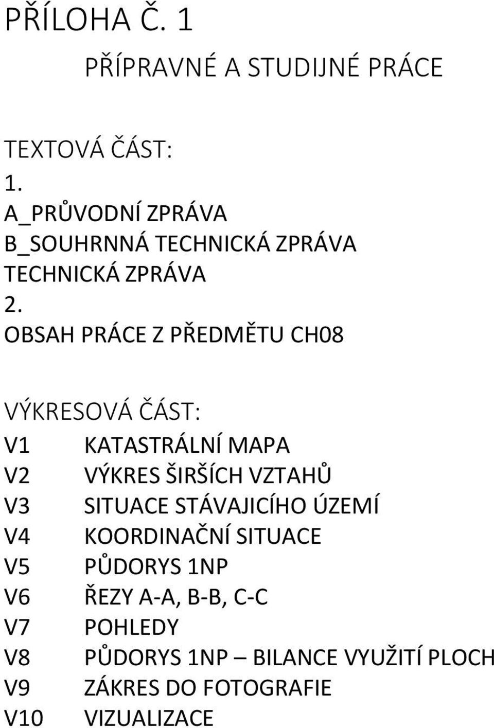 OBSAH PRÁCE Z PŘEDMĚTU CH08 VÝKRESOVÁ ČÁST: V1 KATASTRÁLNÍ MAPA V2 VÝKRES ŠIRŠÍCH VZTAHŮ V3