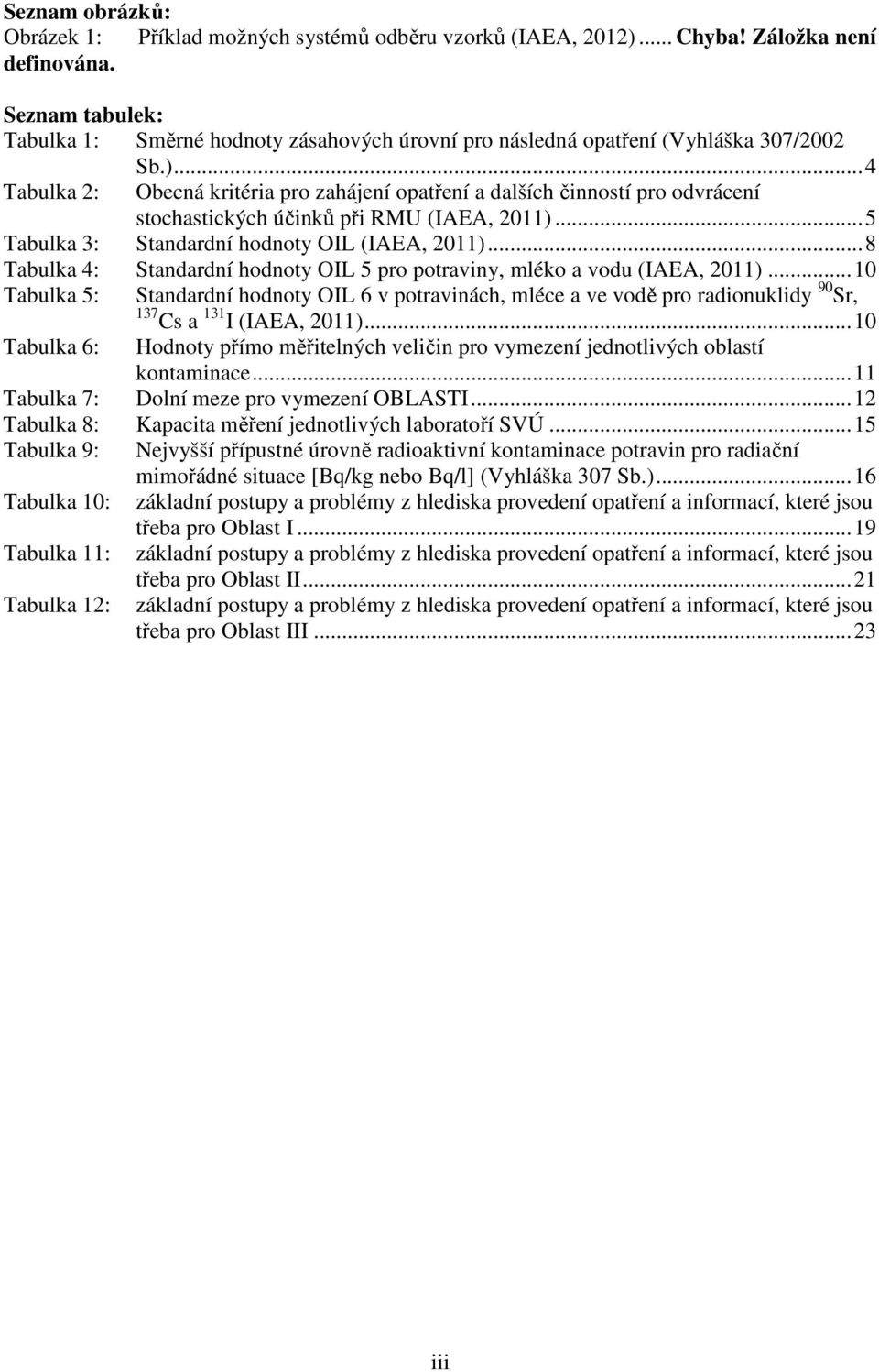 .. 4 Tabulka 2: Obecná kritéria pro zahájení opatření a dalších činností pro odvrácení stochastických účinků při RMU (IAEA, 2011)... 5 Tabulka 3: Standardní hodnoty OIL (IAEA, 2011).