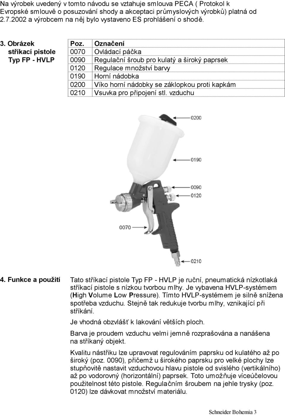 Označení stříkací pistole 0070 Ovládací páčka Typ FP - HVLP 0090 Regulační šroub pro kulatý a široký paprsek 0120 Regulace množství barvy 0190 Horní nádobka 0200 Víko horní nádobky se záklopkou proti