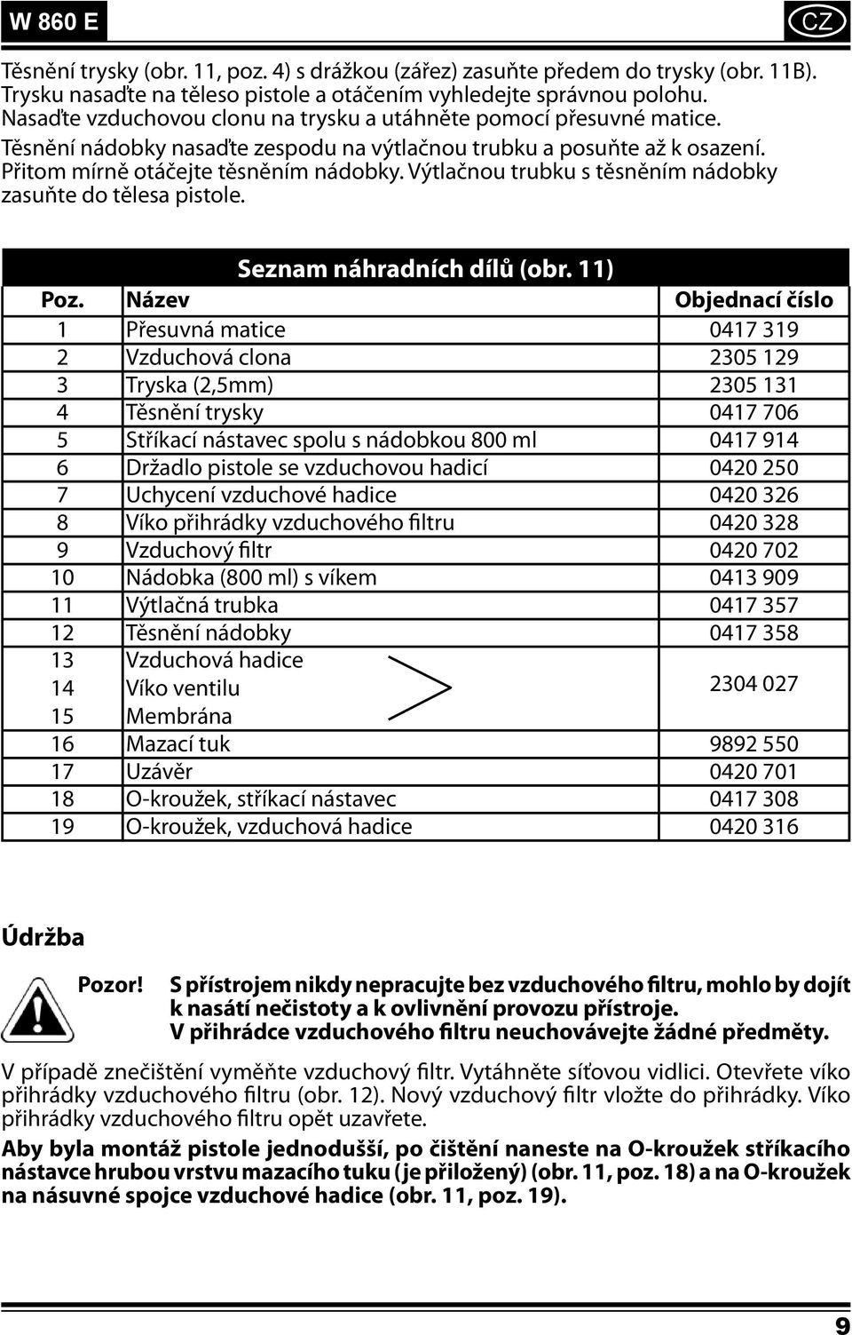 Výtlačnou trubku s těsněním nádobky zasuňte do tělesa pistole. Seznam náhradních dílů (obr. 11) Poz.