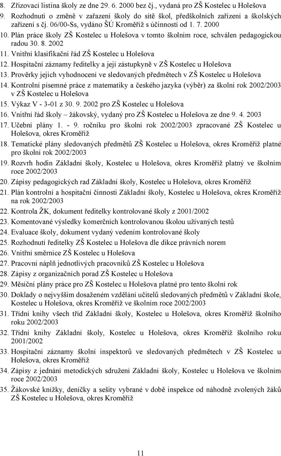 Vnitřní klasifikační řád ZŠ Kostelec u Holešova 12. Hospitační záznamy ředitelky a její zástupkyně v ZŠ Kostelec u Holešova 13.