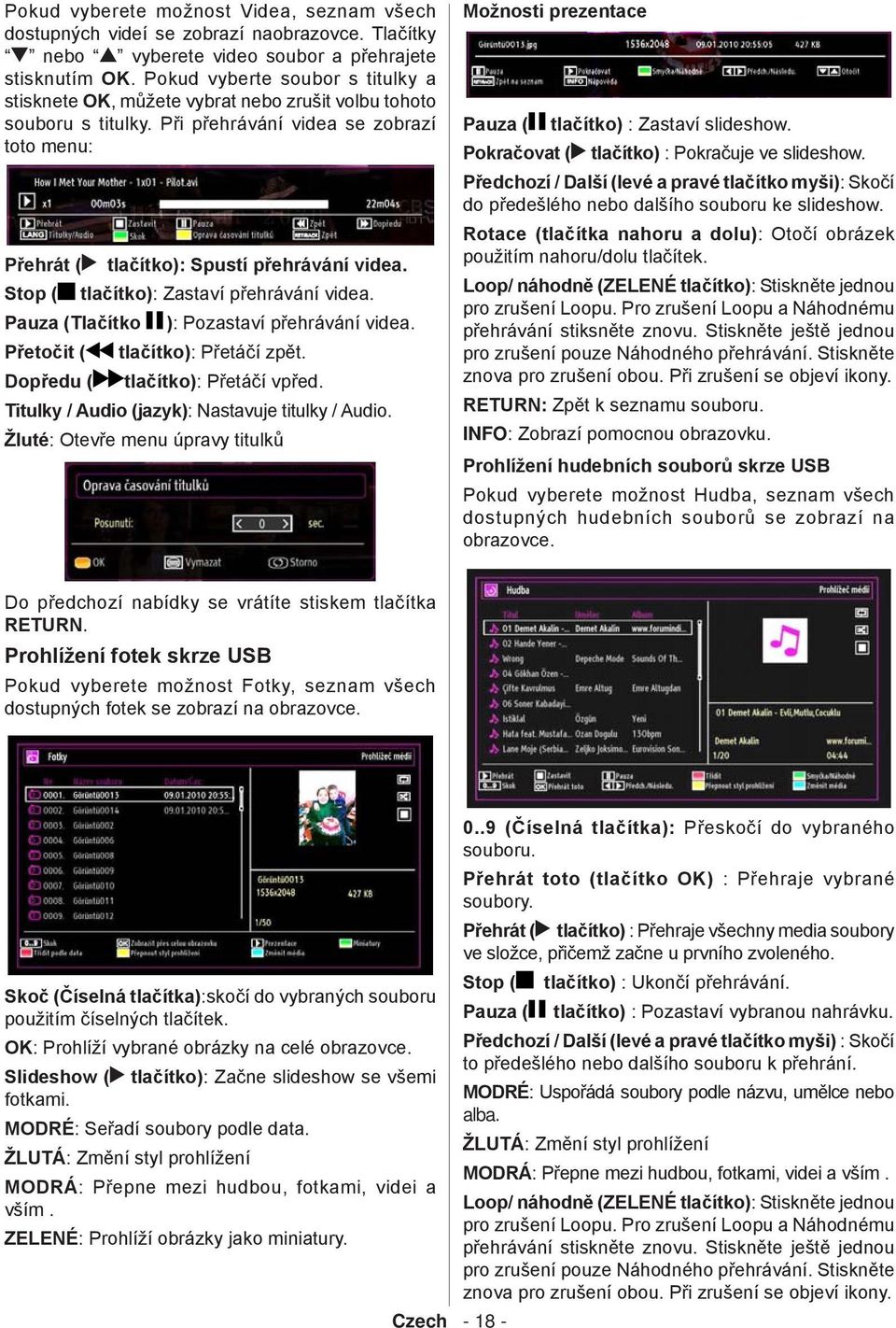 Stop ( tlačítko): Zastaví přehrávání videa. Pauza (Tlačítko ): Pozastaví přehrávání videa. Přetočit ( tlačítko): Přetáčí zpět. Dopředu ( tlačítko): Přetáčí vpřed.