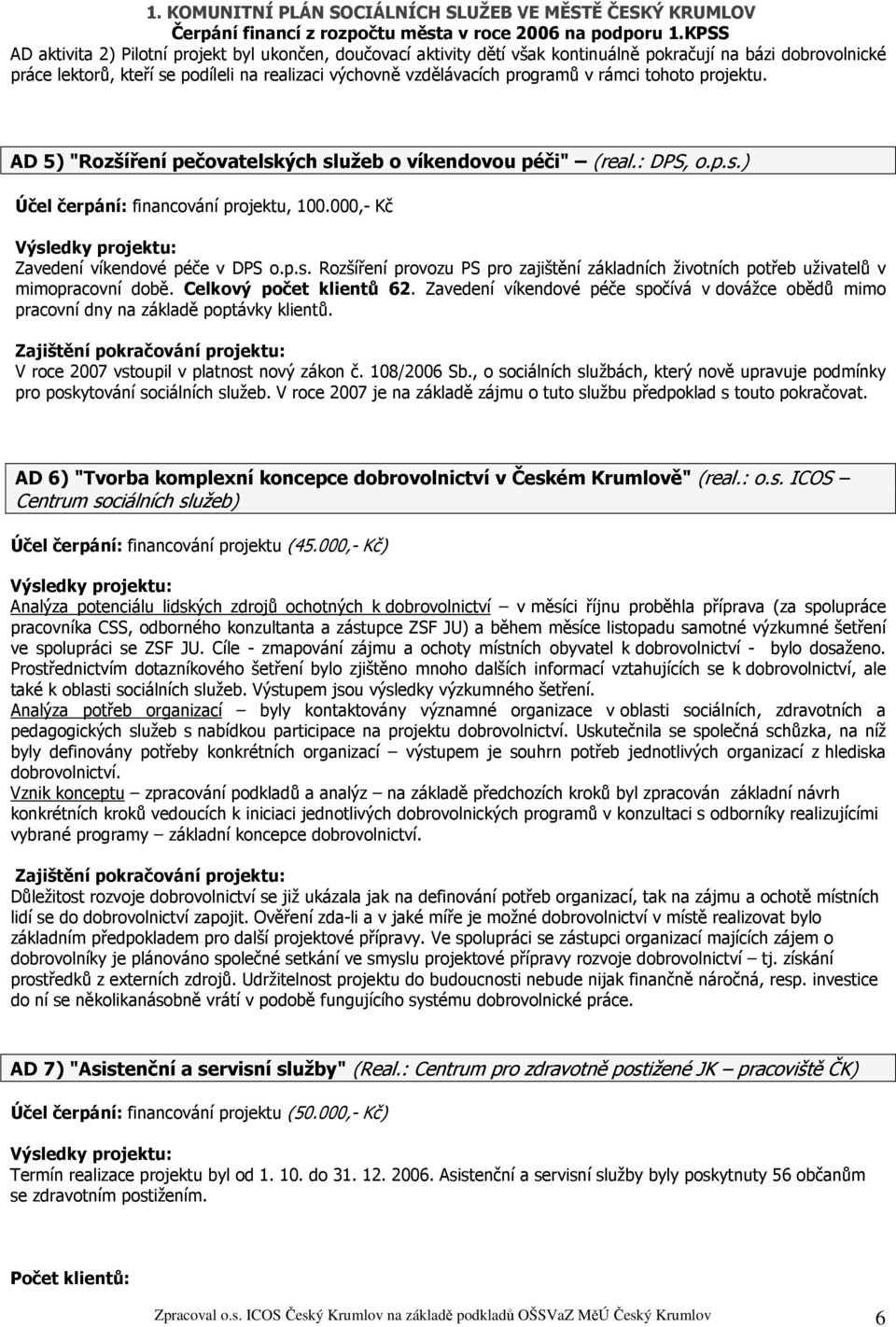 Celkový počet klientů 62. Zavedení víkendové péče spočívá v dovážce obědů mimo pracovní dny na základě poptávky klientů. V roce 2007 vstoupil v platnost nový zákon č. 108/2006 Sb.