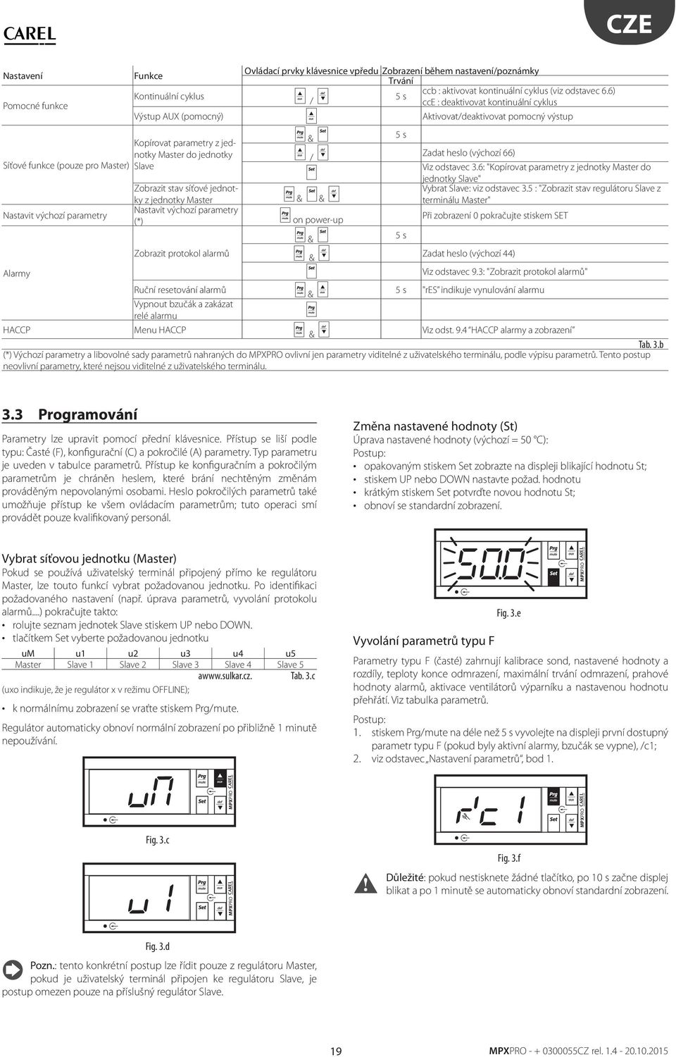 vpředu Zobrazení během nasavení/poznámky Trvání / 5 s ccb : akivova koninuální cyklus (viz odsavec 6.