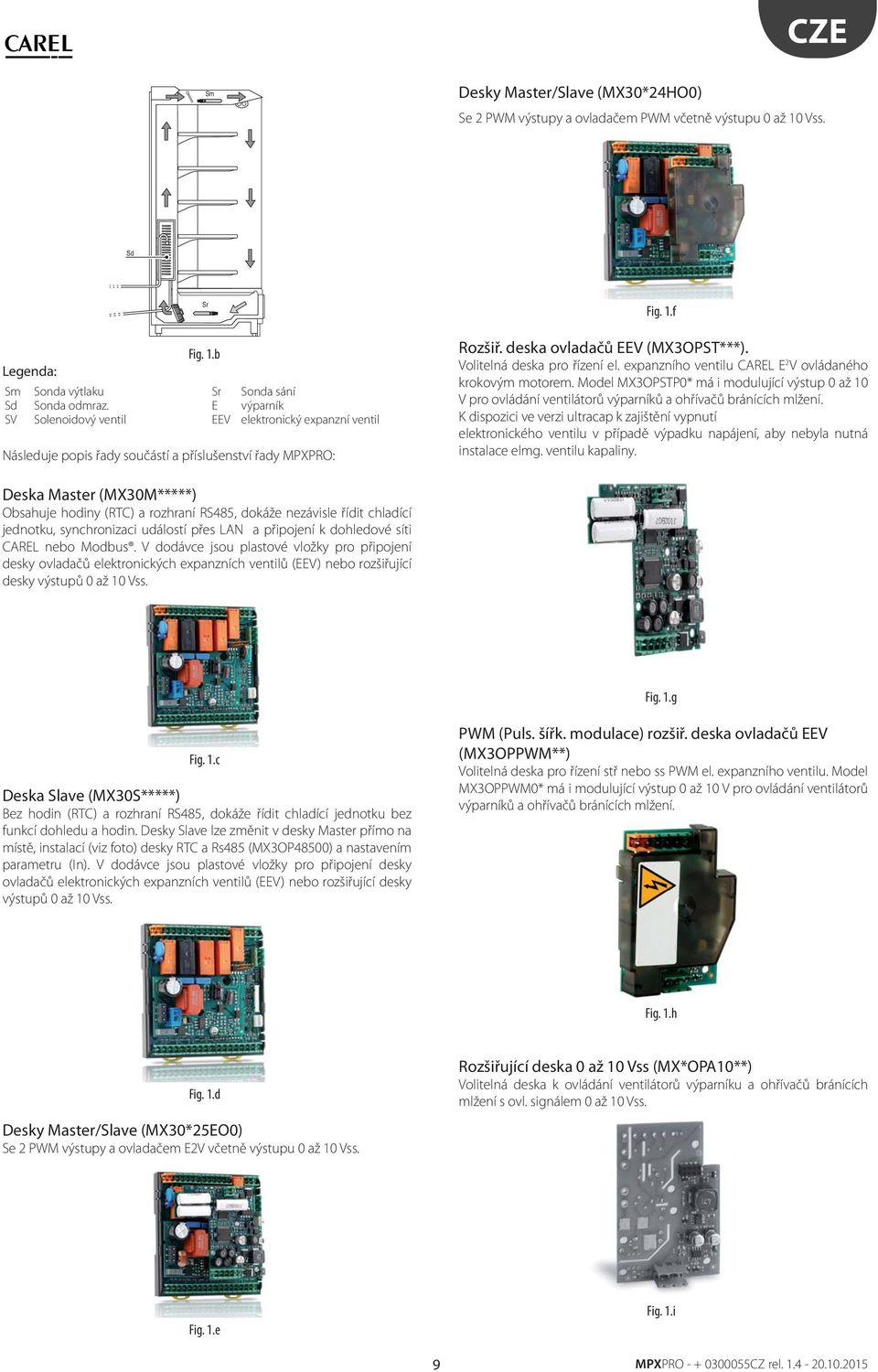 expanzního venilu CAREL E 2 V ovládaného krokovým moorem. Model MX3OPSTP0* má i modulující výsup 0 až 10 V pro ovládání veniláorů výparníků a ohřívačů bránících mlžení.