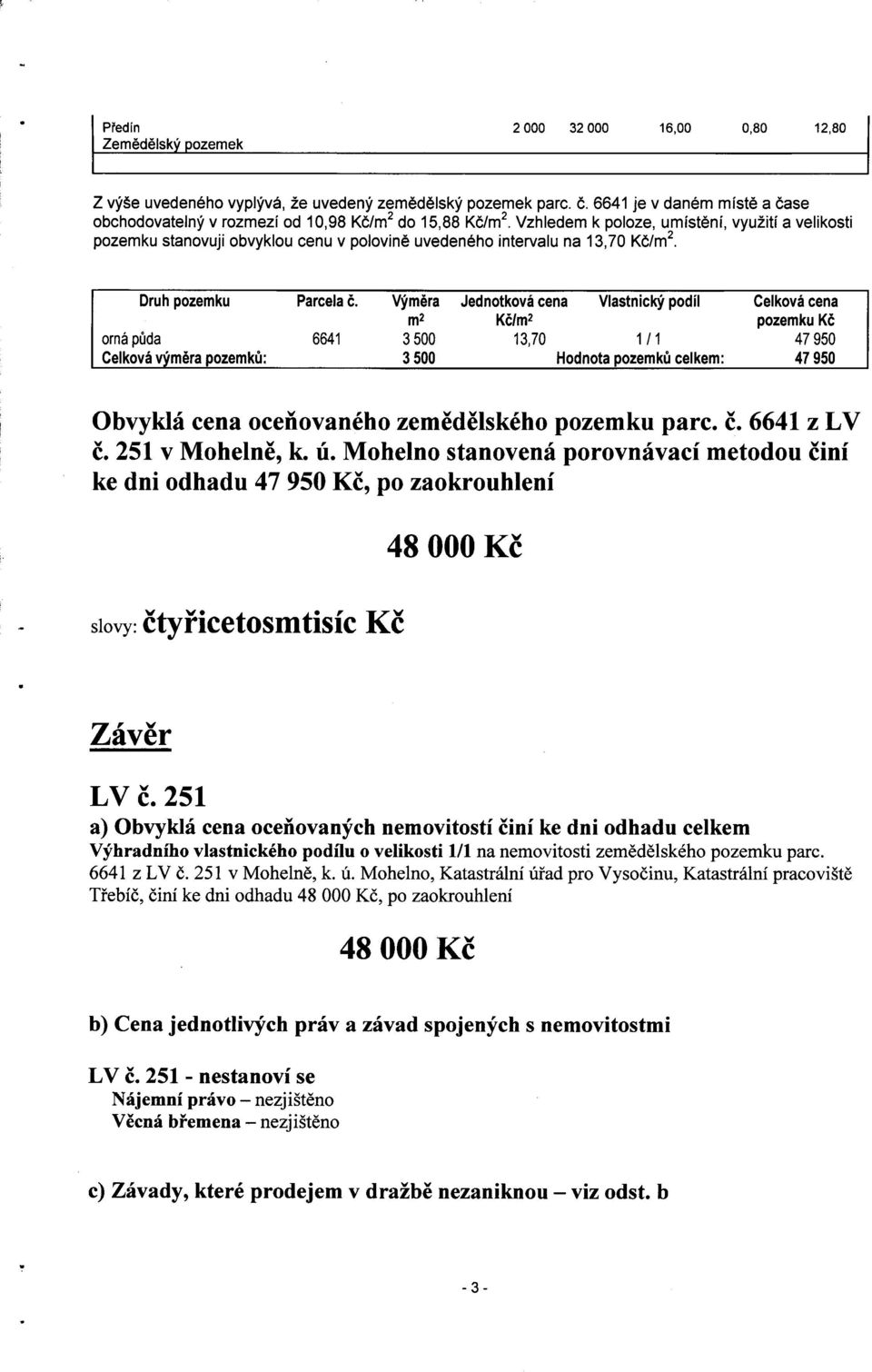 Výměra Jednotková cena Vlastnický podíl Celková cena m2 Kč1m2 pozemku Kč ornápůda 6641 3500 1370 111 47950 Celková vým ěra pozemků : 3 500 Hodnota pozemků celkem: 47 950 Obvyklá cena oce ňovaného zem