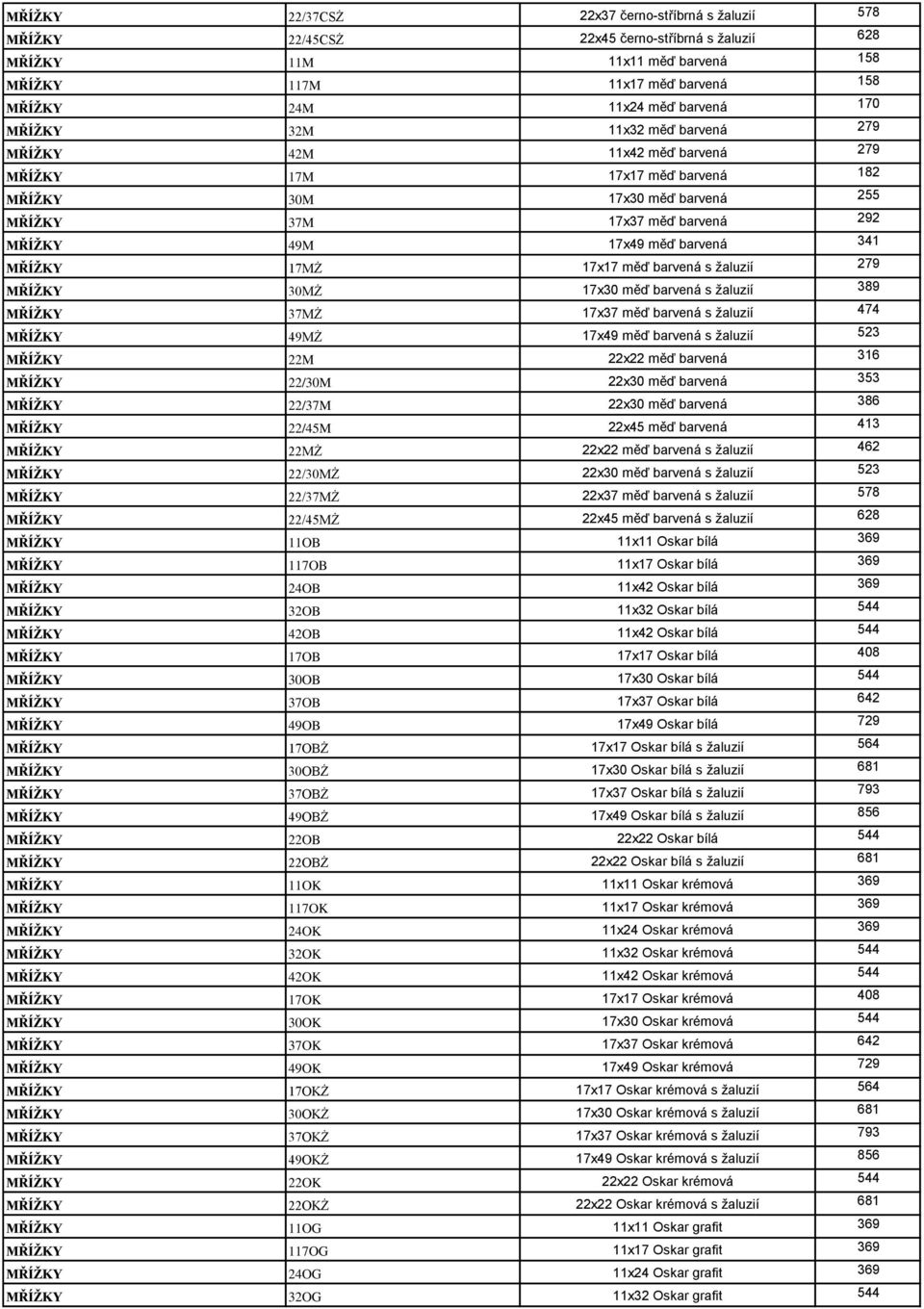 341 MŘÍŽKY 17MŻ 17x17 měď barvená s žaluzií 279 MŘÍŽKY 30MŻ 17x30 měď barvená s žaluzií 389 MŘÍŽKY 37MŻ 17x37 měď barvená s žaluzií 474 MŘÍŽKY 49MŻ 17x49 měď barvená s žaluzií 523 MŘÍŽKY 22M 22x22