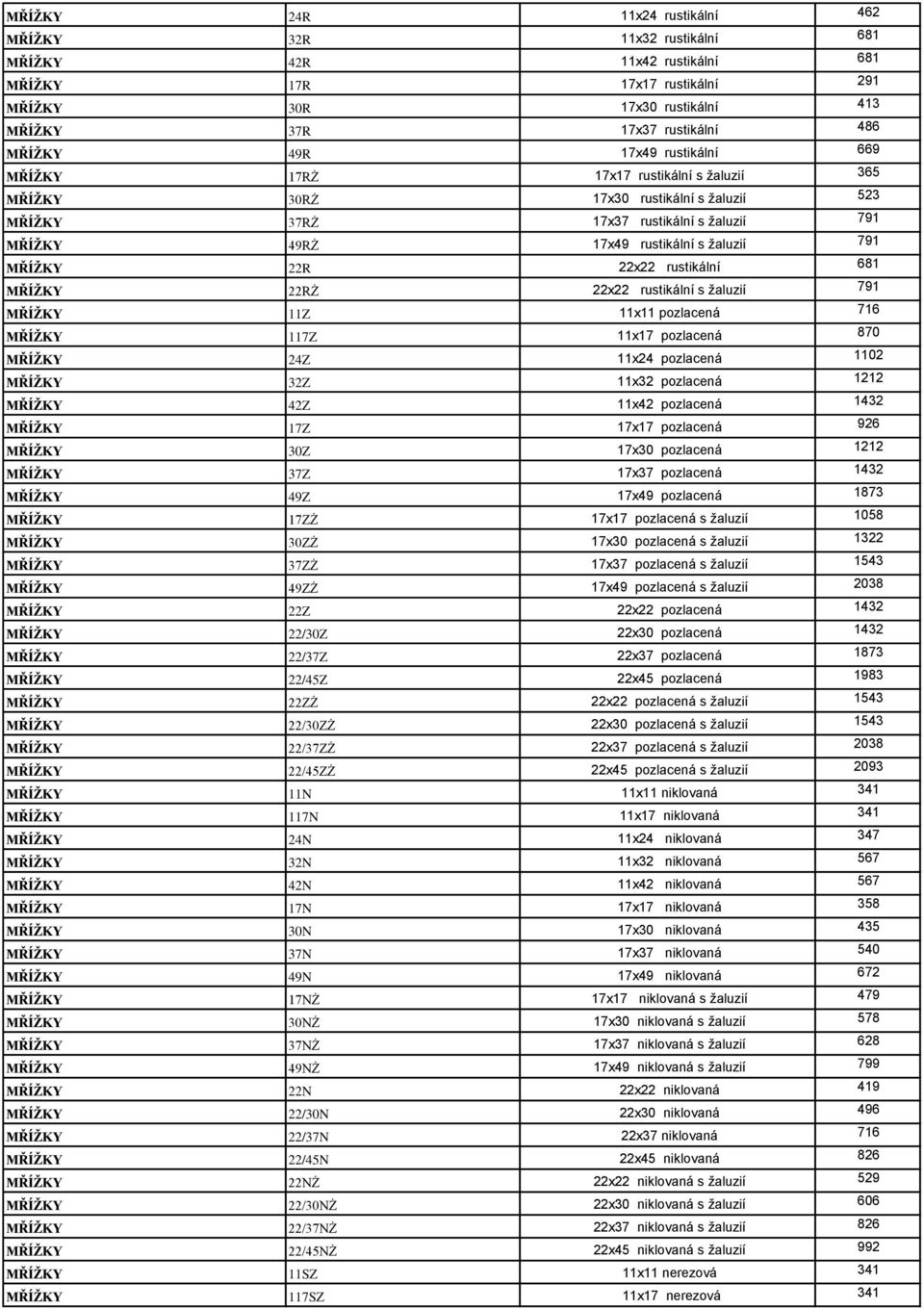 MŘÍŽKY 22R 22x22 rustikální 681 MŘÍŽKY 22RŻ 22x22 rustikální s žaluzií 791 MŘÍŽKY 11Z 11x11 pozlacená 716 MŘÍŽKY 117Z 11x17 pozlacená 870 MŘÍŽKY 24Z 11x24 pozlacená 1102 MŘÍŽKY 32Z 11x32 pozlacená