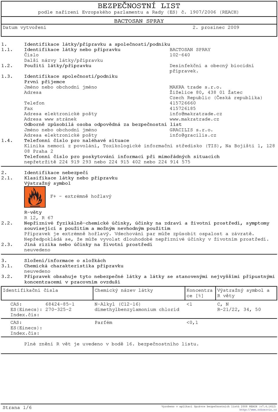 cz Adresa www stránek www.makratrade.cz Odbornì zpùsobilá osoba odpovìdná za bezpeènostní list Jméno nebo obchodní jméno GRACILIS s.r.o. Adresa elektronické pošty info@gracilis.cz 1.4.