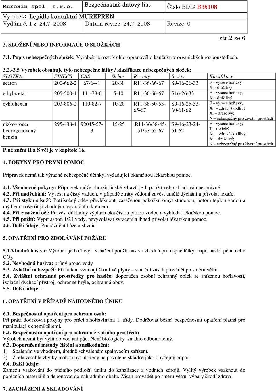 R - věty S-věty Klasifikace aceton 200-662-2 67-64-1 20-30 R11-36-66-67 S9-16-26-33 F vysoce hořlavý Xi - dráždivý ethylacetát 205-500-4 141-78-6 5-10 R11-36-66-67 S16-26-33 F vysoce hořlavý, Xi -