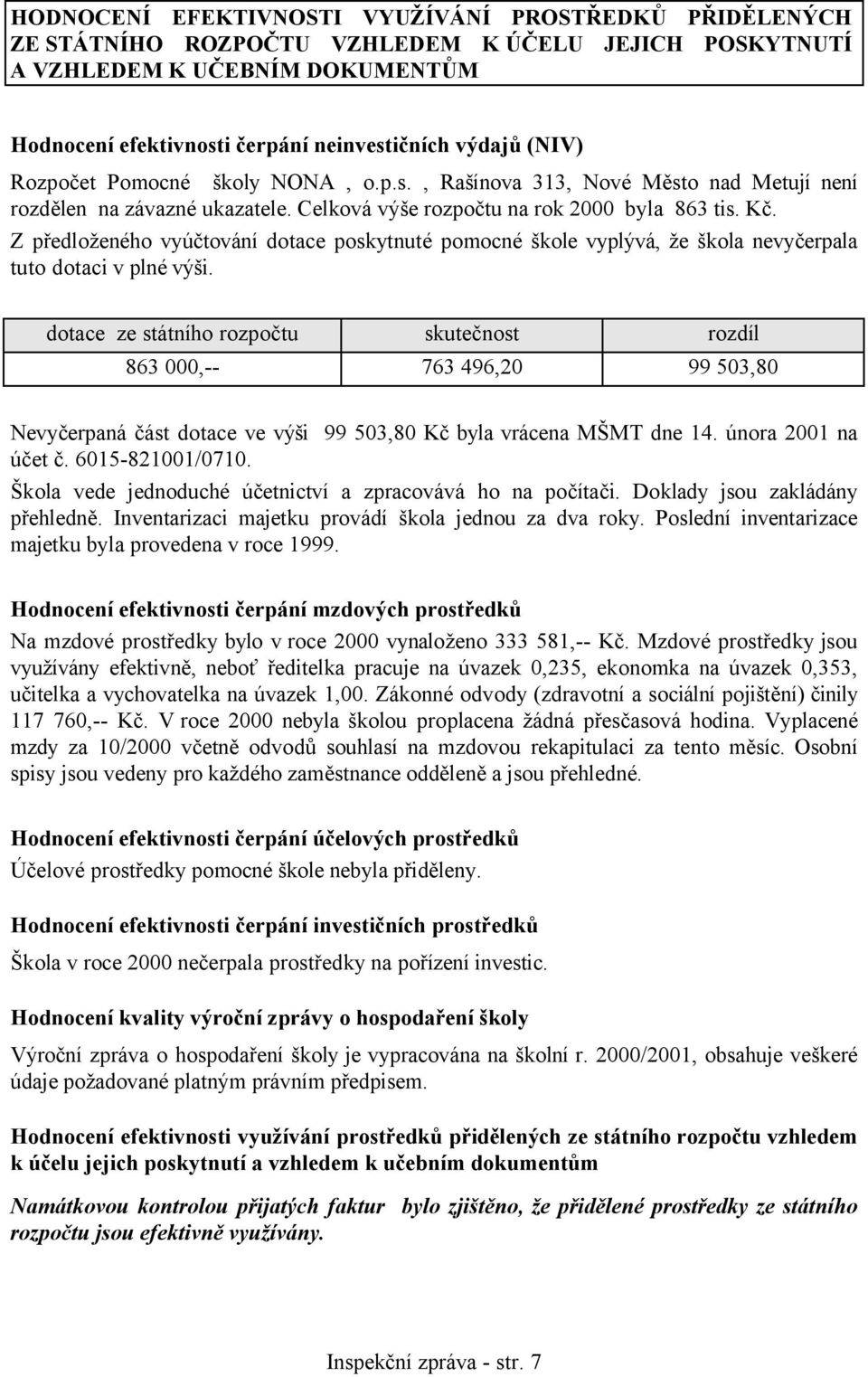 Z předloženého vyúčtování dotace poskytnuté pomocné škole vyplývá, že škola nevyčerpala tuto dotaci v plné výši.