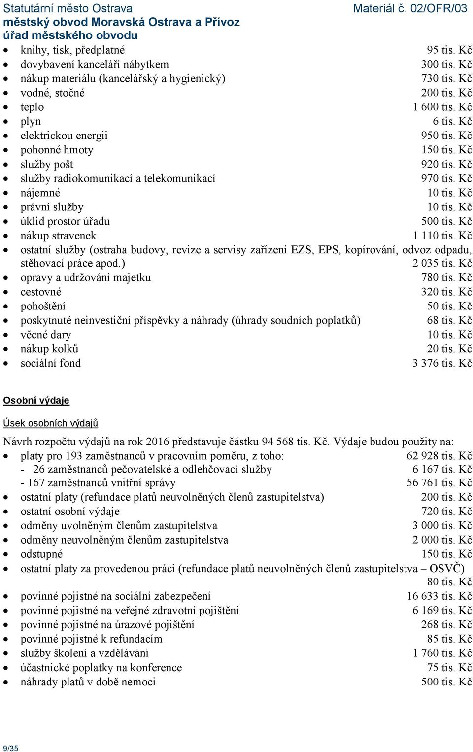 Kč úklid prostor úřadu 500 tis. Kč nákup stravenek 1 110 tis. Kč ostatní služby (ostraha budovy, revize a servisy zařízení EZS, EPS, kopírování, odvoz odpadu, stěhovací práce apod.) 2 035 tis.