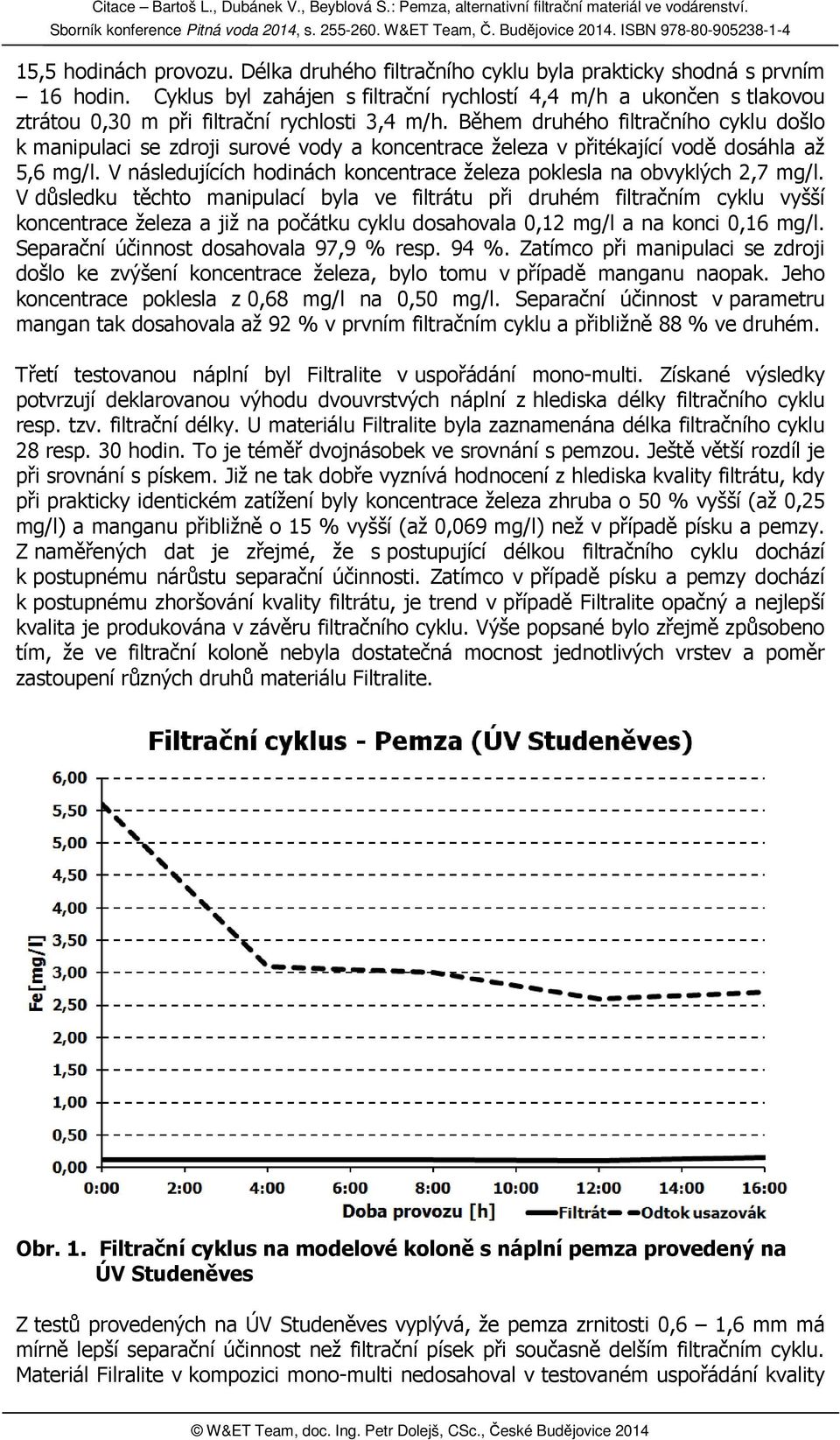 Během druhého filtračního cyklu došlo k manipulaci se zdroji surové vody a koncentrace železa v přitékající vodě dosáhla až 5,6 mg/l.