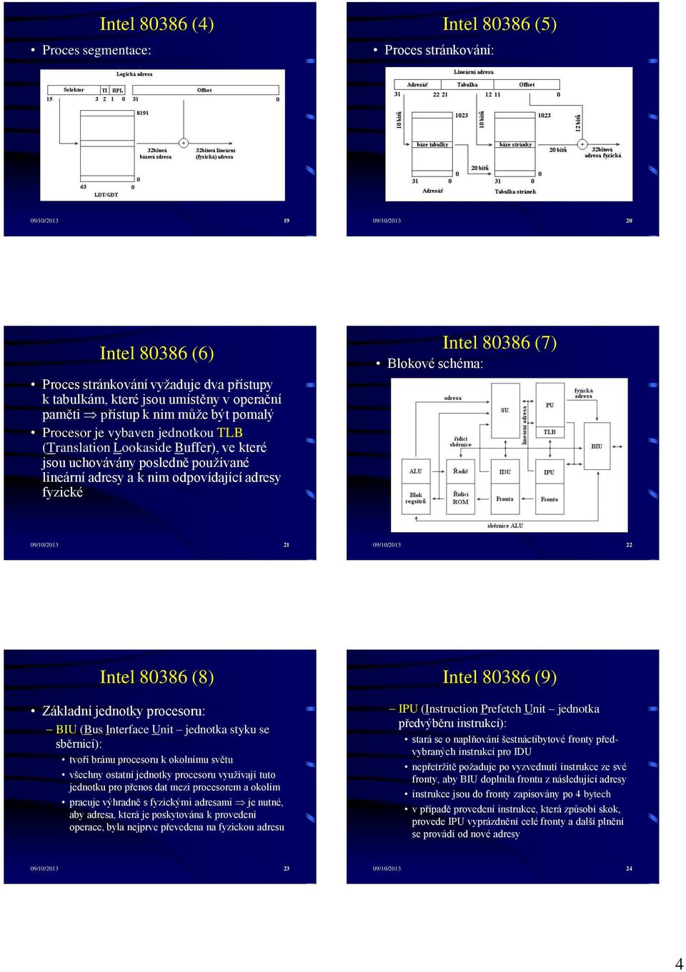 Intel 80386 (7) Blokové schéma: 09/10/2013 21 09/10/2013 22 Intel 80386 (8) Základní jednotky procesoru: BIU (Bus Interface Unit jednotka styku se sběrnicí): tvoří bránu procesoru k okolnímu světu