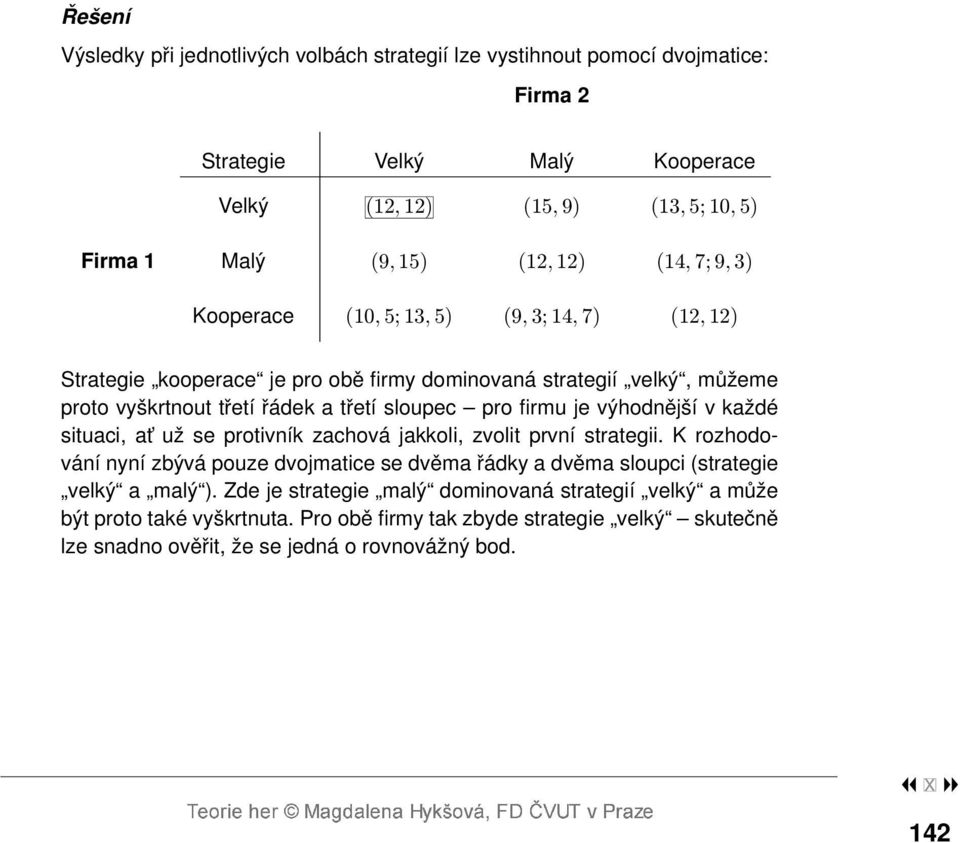 firmu je výhodnější v každé situaci, at už se protivník zachová jakkoli, zvolit první strategii.
