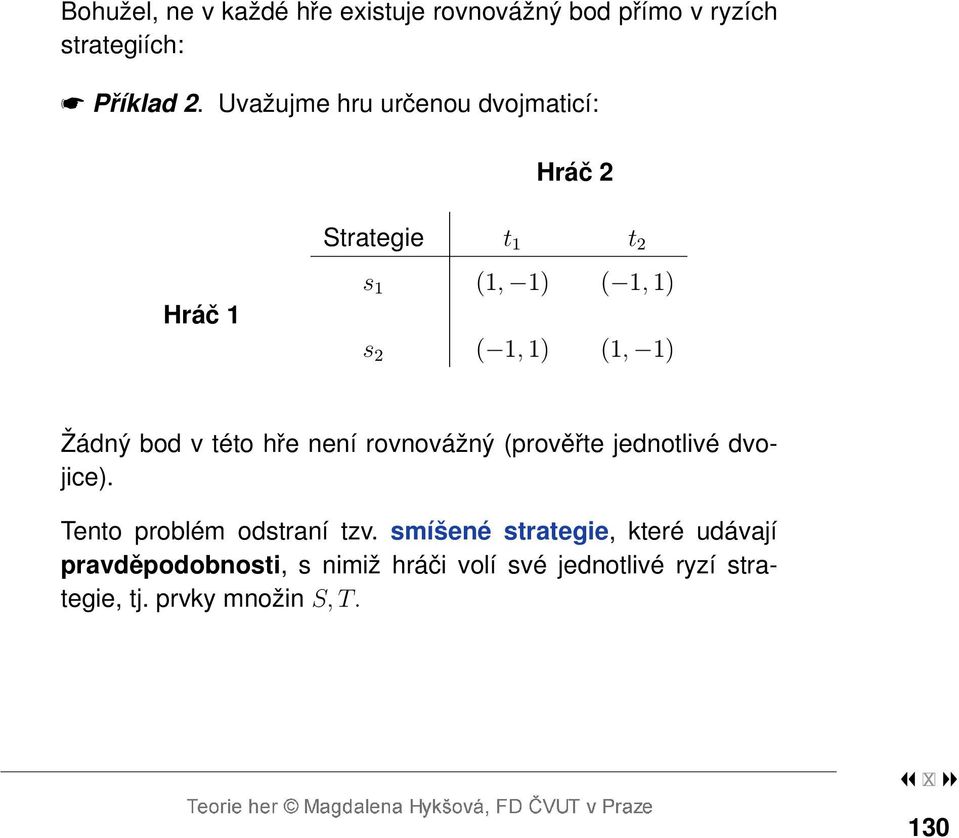 Žádný bod v této hře není rovnovážný (prověřte jednotlivé dvojice). Tento problém odstraní tzv.