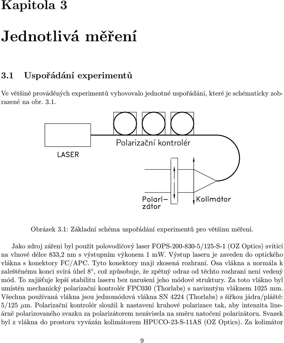 Jako zdroj záření byl použit polovodičový laser FOPS-200-830-5/125-S-1 (OZ Optics) svítící na vlnové délce 833,2 nm s výstupním výkonem 1 mw.