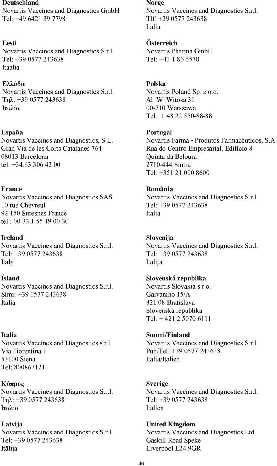 00 France Novartis Vaccines and Diagnostics SAS 10 rue Chevreul 92 150 Suresnes France tél : 00 33 1 55 49 00 30 Ireland Italy Ísland Sími: +39 0577 243638 Ítalía Italia Novartis Vaccines and