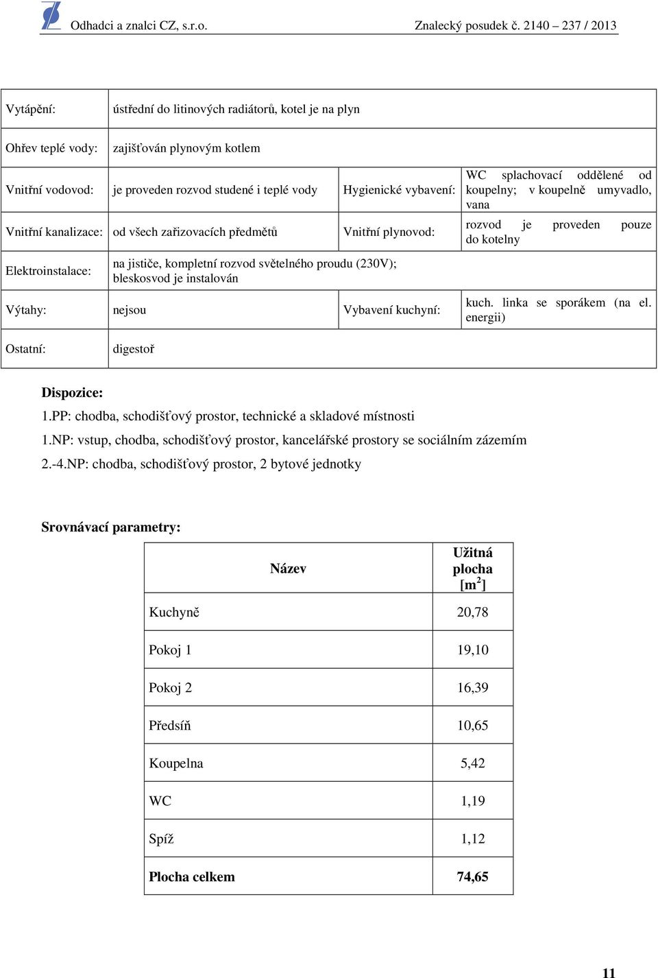 splachovací oddělené od koupelny; v koupelně umyvadlo, vana rozvod je proveden pouze do kotelny kuch. linka se sporákem (na el. energii) Ostatní: digestoř Dispozice: 1.