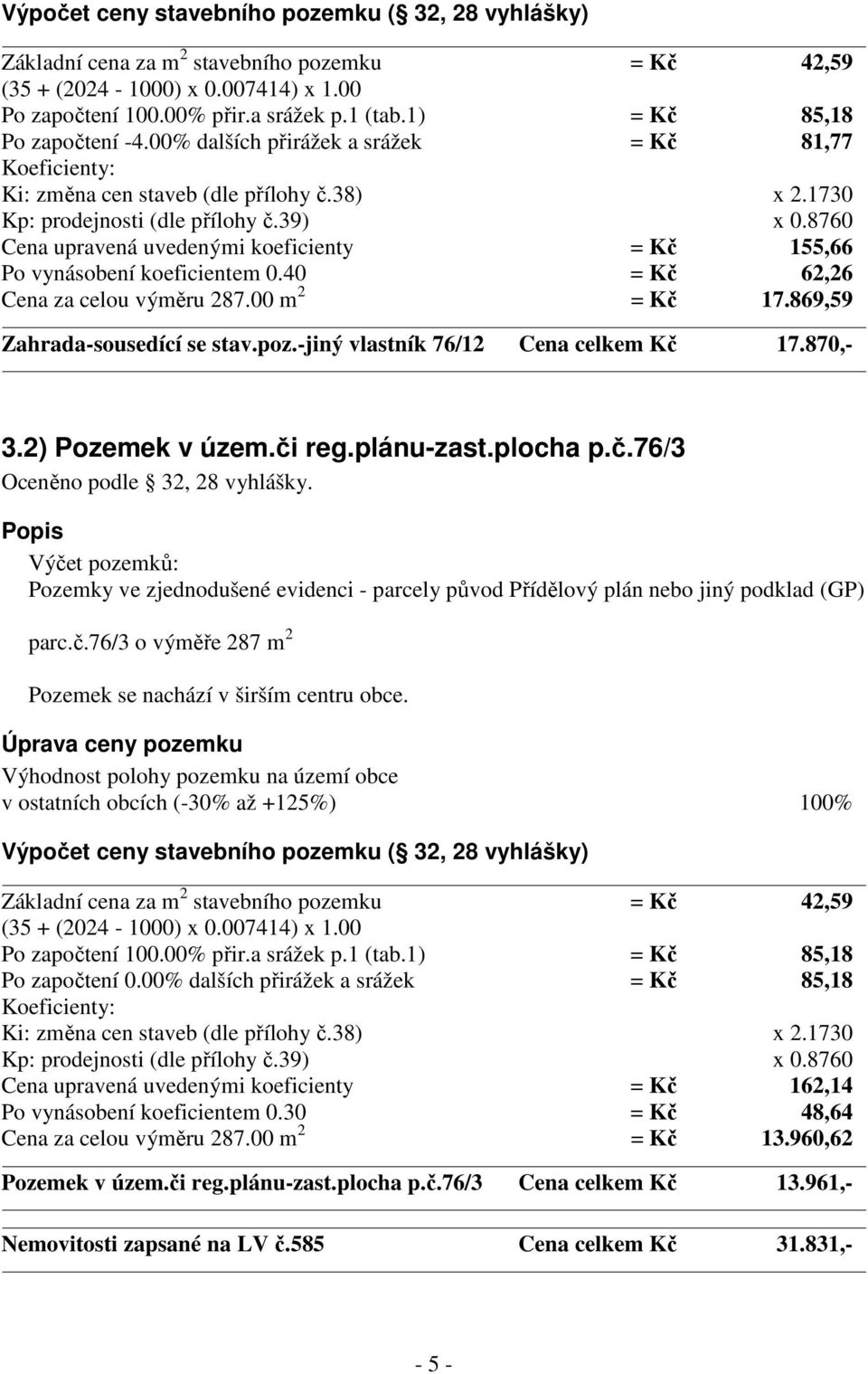 8760 Cena upravená uvedenými koeficienty = Kč 155,66 Po vynásobení koeficientem 0.40 = Kč 62,26 Cena za celou výměru 287.00 m 2 = Kč 17.869,59 Zahrada-sousedící se stav.poz.