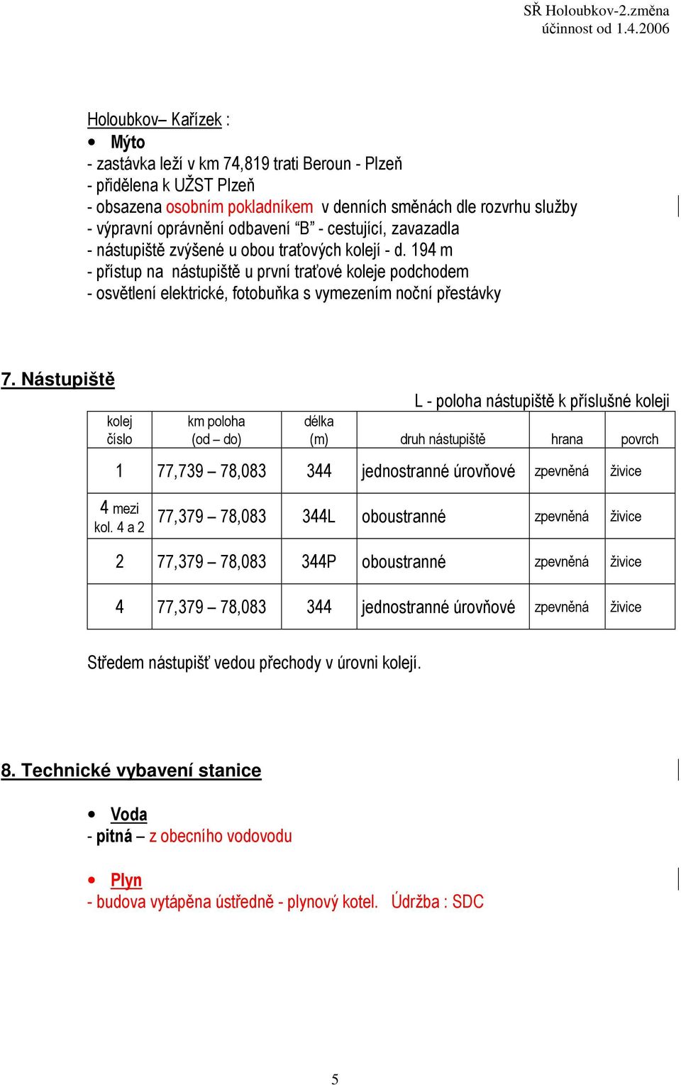 Nástupiště kolej číslo km poloha (od do) L - poloha nástupiště k příslušné koleji délka (m) druh nástupiště hrana povrch 1 77,739 78,083 344 jednostranné úrovňové zpevněná živice 4 mezi kol.