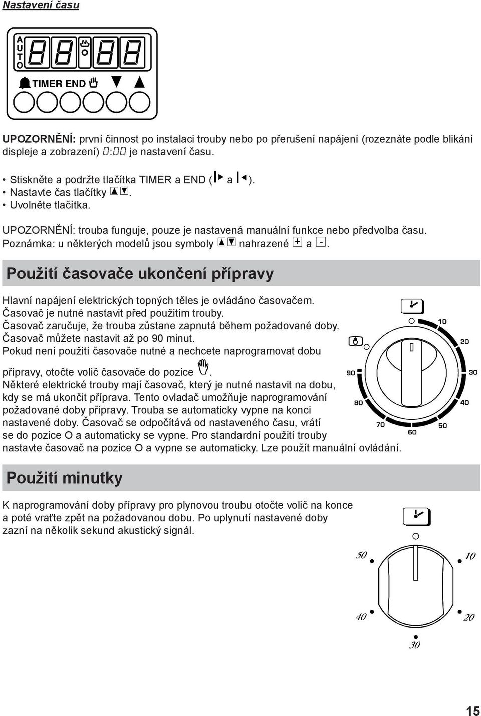 Poznámka: u některých modelů jsou symboly nahrazené + a -. Použití časovače ukončení přípravy Hlavní napájení elektrických topných těles je ovládáno časovačem.