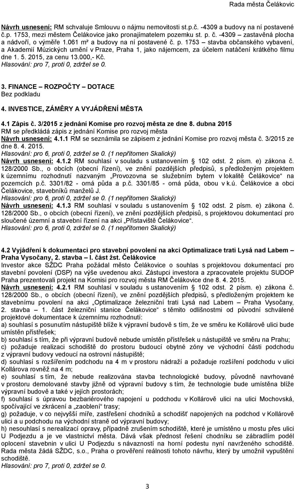 000,- Kč. 3. FINANCE ROZPOČTY DOTACE Bez podkladu 4. INVESTICE, ZÁMĚRY A VYJÁDŘENÍ MĚSTA 4.1 Zápis č. 3/2015 z jednání Komise pro rozvoj města ze dne 8.