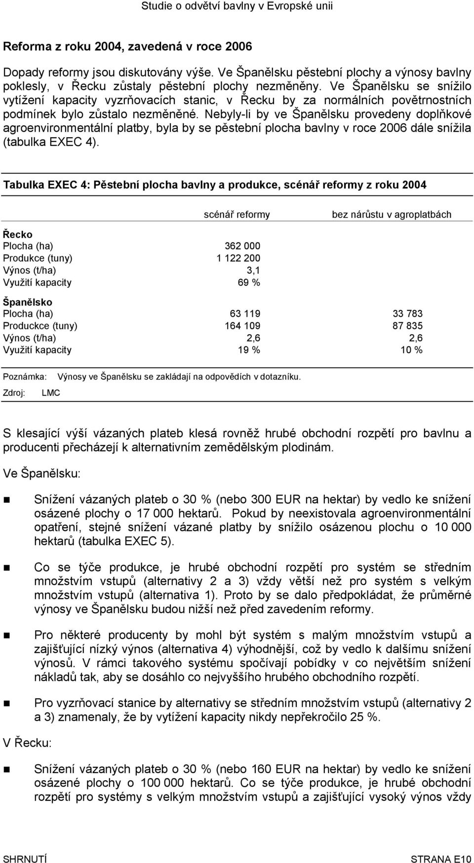 Nebyly-li by ve Španělsku provedeny doplňkové agroenvironmentální platby, byla by se pěstební plocha bavlny v roce 2006 dále snížila (tabulka EXEC 4).