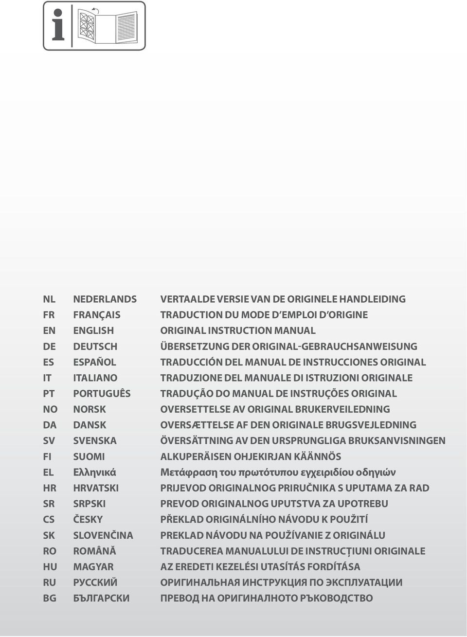 original NO Norsk oversettelse av original brukerveiledning DA Dansk oversættelse af den originale brugsvejledning SV Svenska Översättning av den ursprungliga bruksanvisningen FI Suomi alkuperäisen