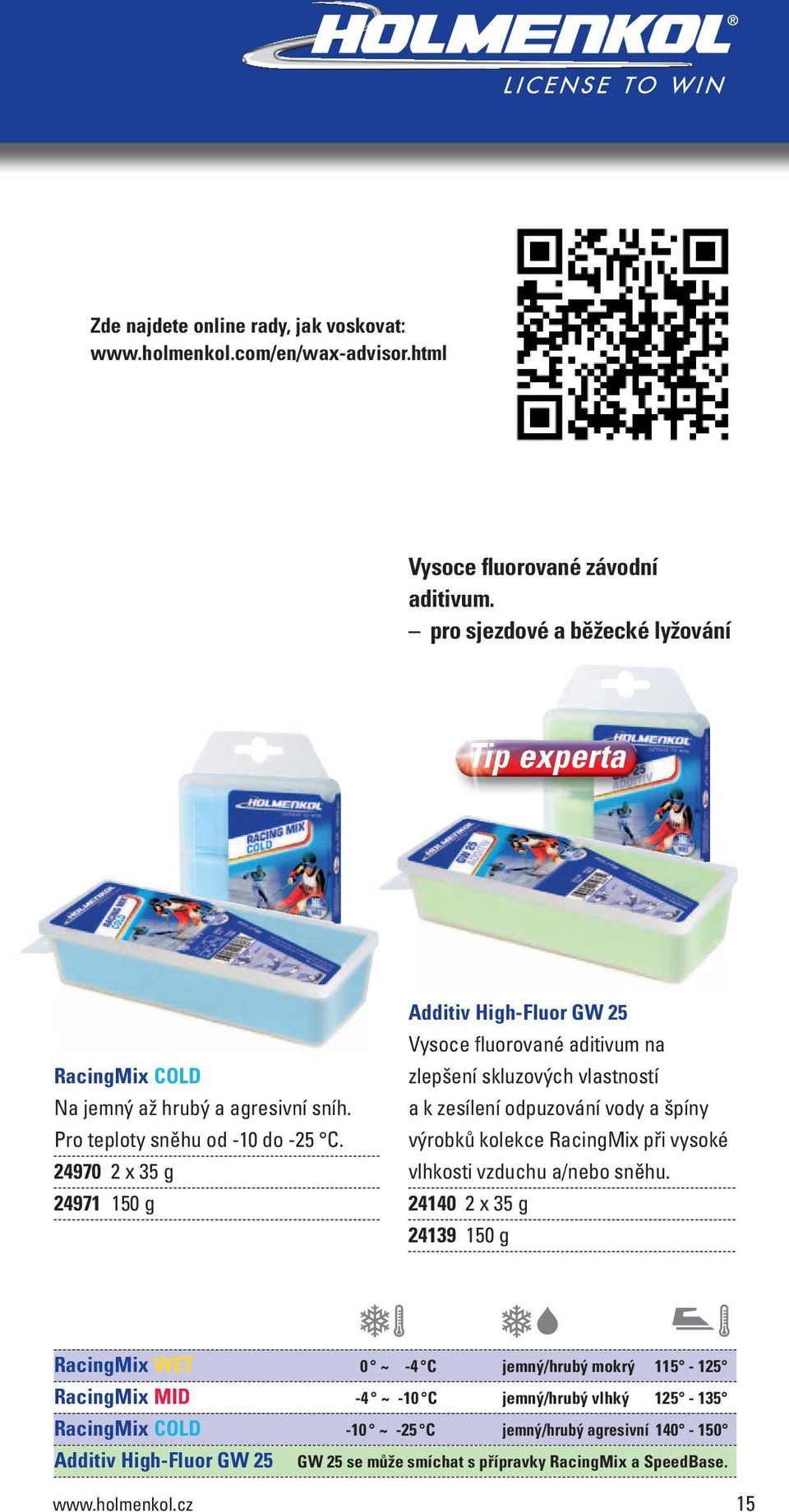 24970 2 x 35 g 24971 150 g Additiv High-Fluor GW 25 Vysoce fluorované aditivum na zlepšení skluzových vlastností a k zesílení odpuzování vody a špíny výrobků kolekce RacingMix při vysoké