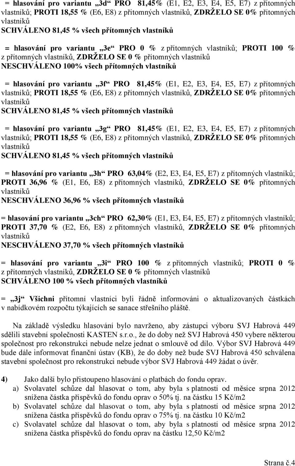 PROTI 18,55 % (E6, E8) z přítomných, ZDRŽELO SE 0% přítomných SCHVÁLENO 81,45 % všech přítomných = hlasování pro variantu 3g PRO 81,45% (E1, E2, E3, E4, E5, E7) z přítomných ; PROTI 18,55 % (E6, E8)