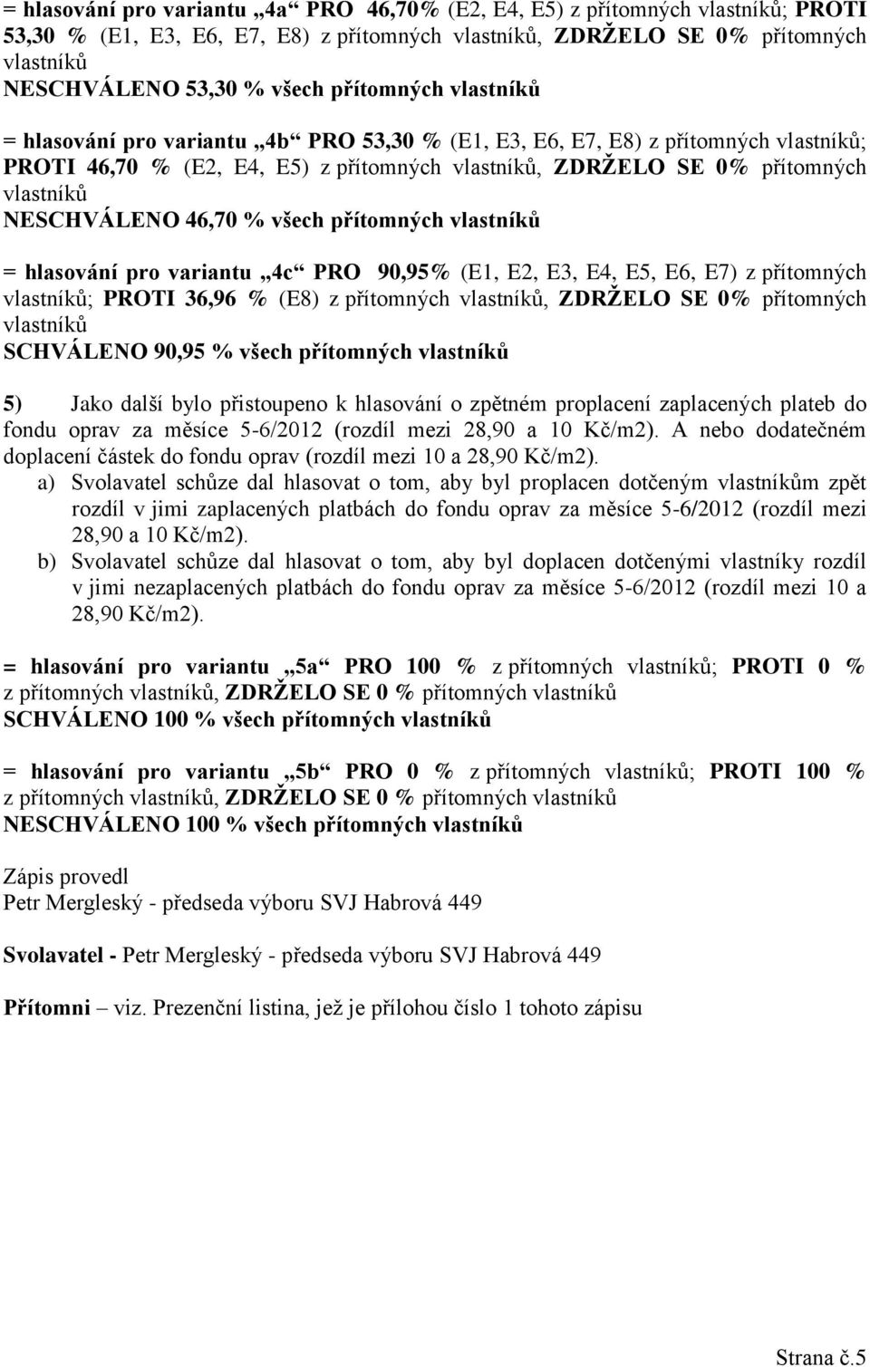 90,95% (E1, E2, E3, E4, E5, E6, E7) z přítomných ; PROTI 36,96 % (E8) z přítomných, ZDRŽELO SE 0% přítomných SCHVÁLENO 90,95 % všech přítomných 5) Jako další bylo přistoupeno k hlasování o zpětném