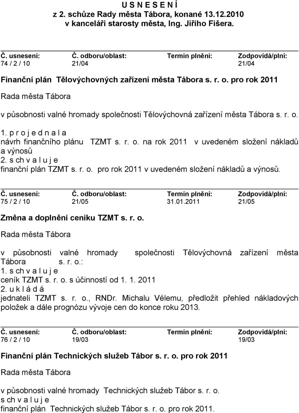 finanční plán TZMT s. r. o. pro rok 2011 v uvedeném složení nákladů a výnosů. 75 / 2 / 10 21/05 31.01.2011 21/05 Změna a doplnění ceníku TZMT s. r. o. v působnosti valné hromady společnosti Tělovýchovná zařízení města Tábora s.