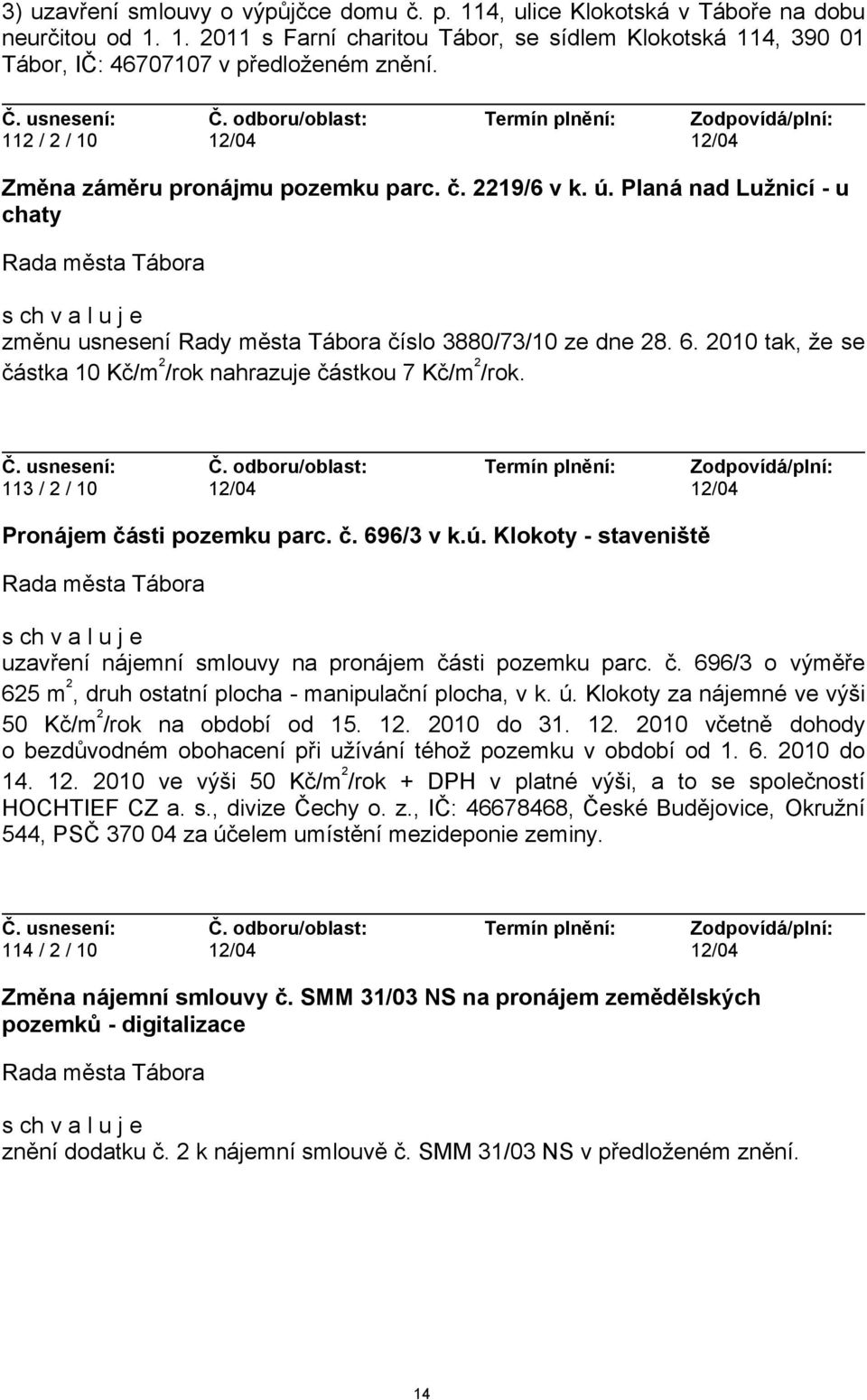 2010 tak, že se částka 10 Kč/m 2 /rok nahrazuje částkou 7 Kč/m 2 /rok. 113 / 2 / 10 12/04 12/04 Pronájem části pozemku parc. č. 696/3 v k.ú.