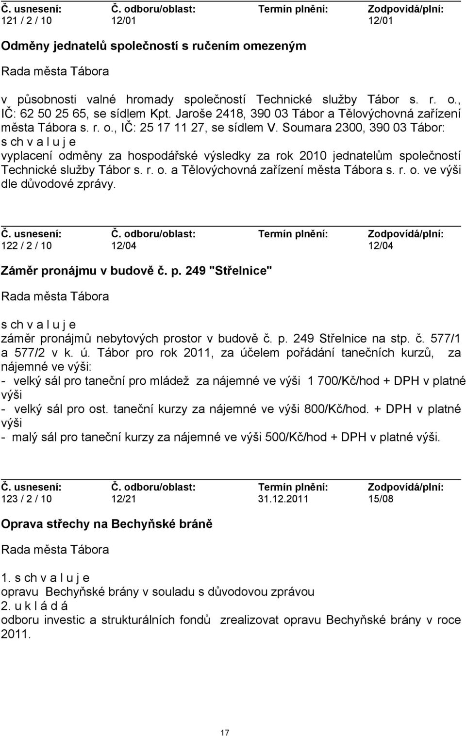 Soumara 2300, 390 03 Tábor: vyplacení odměny za hospodářské výsledky za rok 2010 jednatelům společností Technické služby Tábor s. r. o. a Tělovýchovná zařízení města Tábora s. r. o. ve výši dle důvodové zprávy.