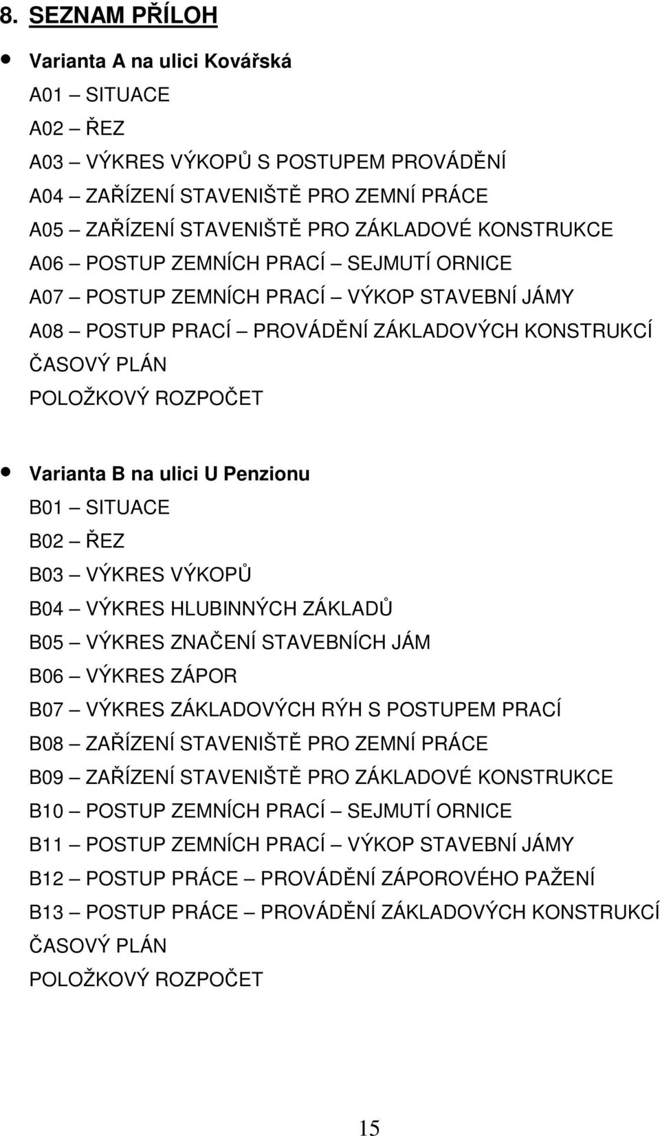 SITUACE B02 ŘEZ B03 VÝKRES VÝKOPŮ B04 VÝKRES HLUBINNÝCH ZÁKLADŮ B05 VÝKRES ZNAČENÍ STAVEBNÍCH JÁM B06 VÝKRES ZÁPOR B07 VÝKRES ZÁKLADOVÝCH RÝH S POSTUPEM PRACÍ B08 ZAŘÍZENÍ STAVENIŠTĚ PRO ZEMNÍ PRÁCE