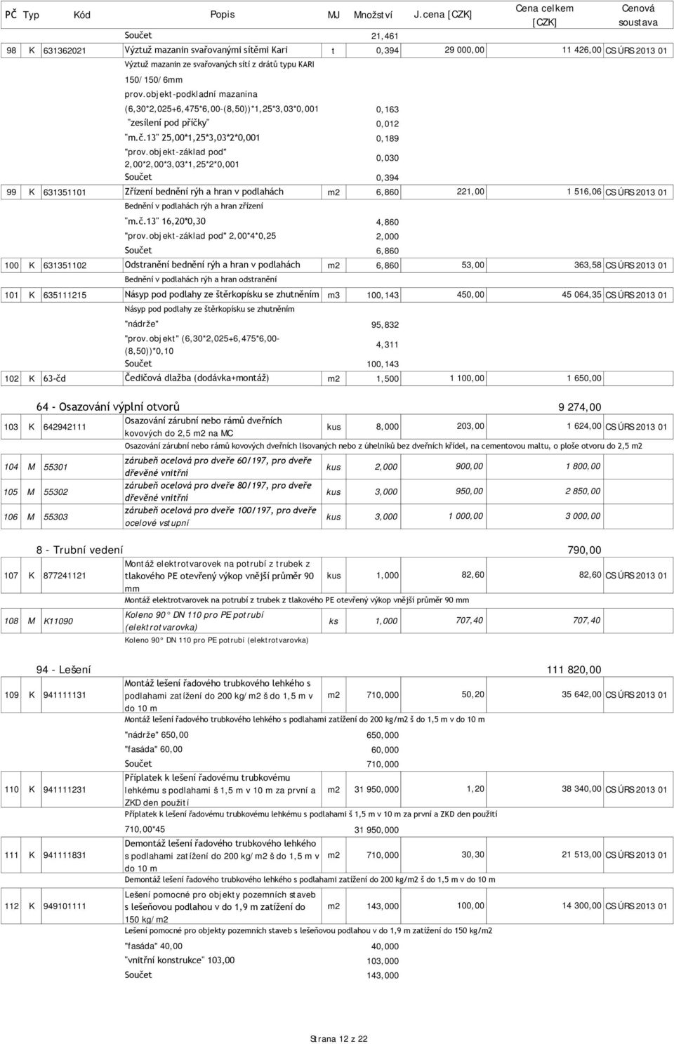 objekt-základ pod" 2,00*2,00*3,03*1,25*2*1 0,163 0,012 0,189 0,030 0,394 99 K 631351101 Zřízení bednění rýh a hran v podlahách m2 6,860 221,00 1 516,06 CS ÚRS 2013 01 Bednění v podlahách rýh a hran