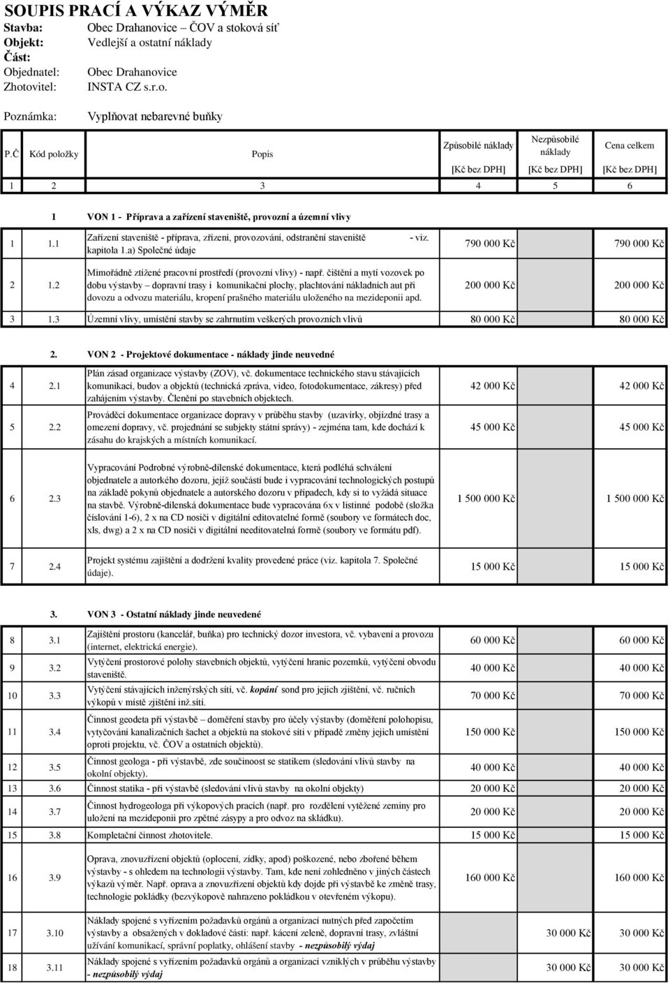 1 Zařízení staveniště - příprava, zřízení, provozování, odstranění staveniště kapitola 1.a) Společné údaje - viz. 790 000 Kč 790 000 Kč 2 1.