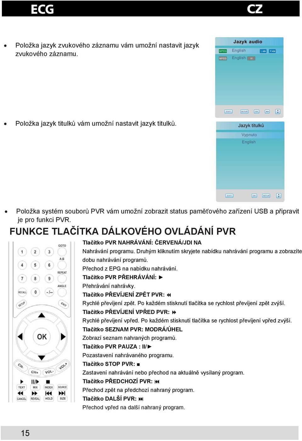 FUNKCE TLAÍTKA DÁLKOVÉHO OVLÁDÁNÍ PVR Tlaítko PVR NAHRÁVÁNÍ: ERVENÁ/JDI NA Nahrávání programu. Druhým kliknutím skryjete nabídku nahrávání programu a zobrazíte dobu nahrávání program.